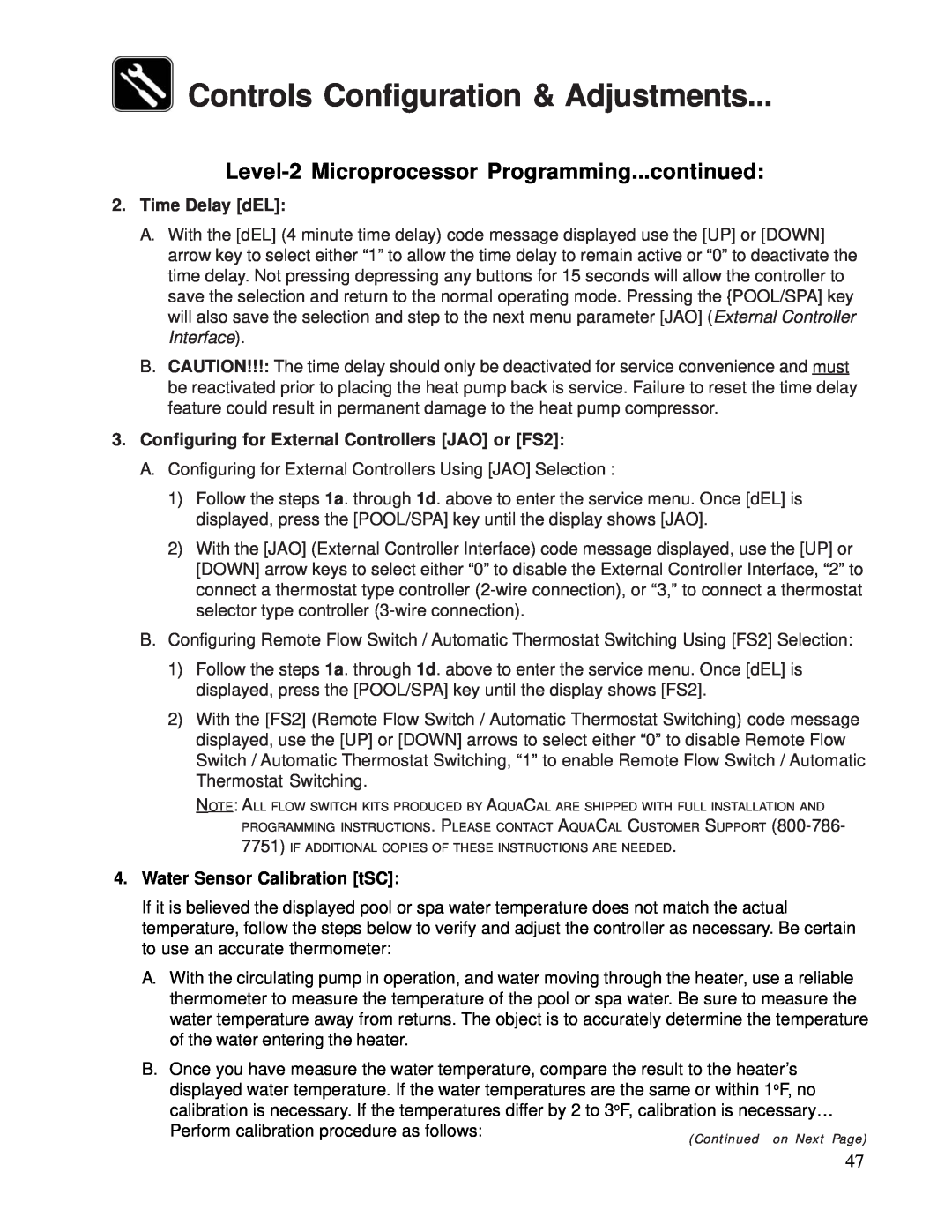 Aquacal 100 Controls Configuration & Adjustments, Level-2Microprocessor Programming...continued, Time Delay dEL 