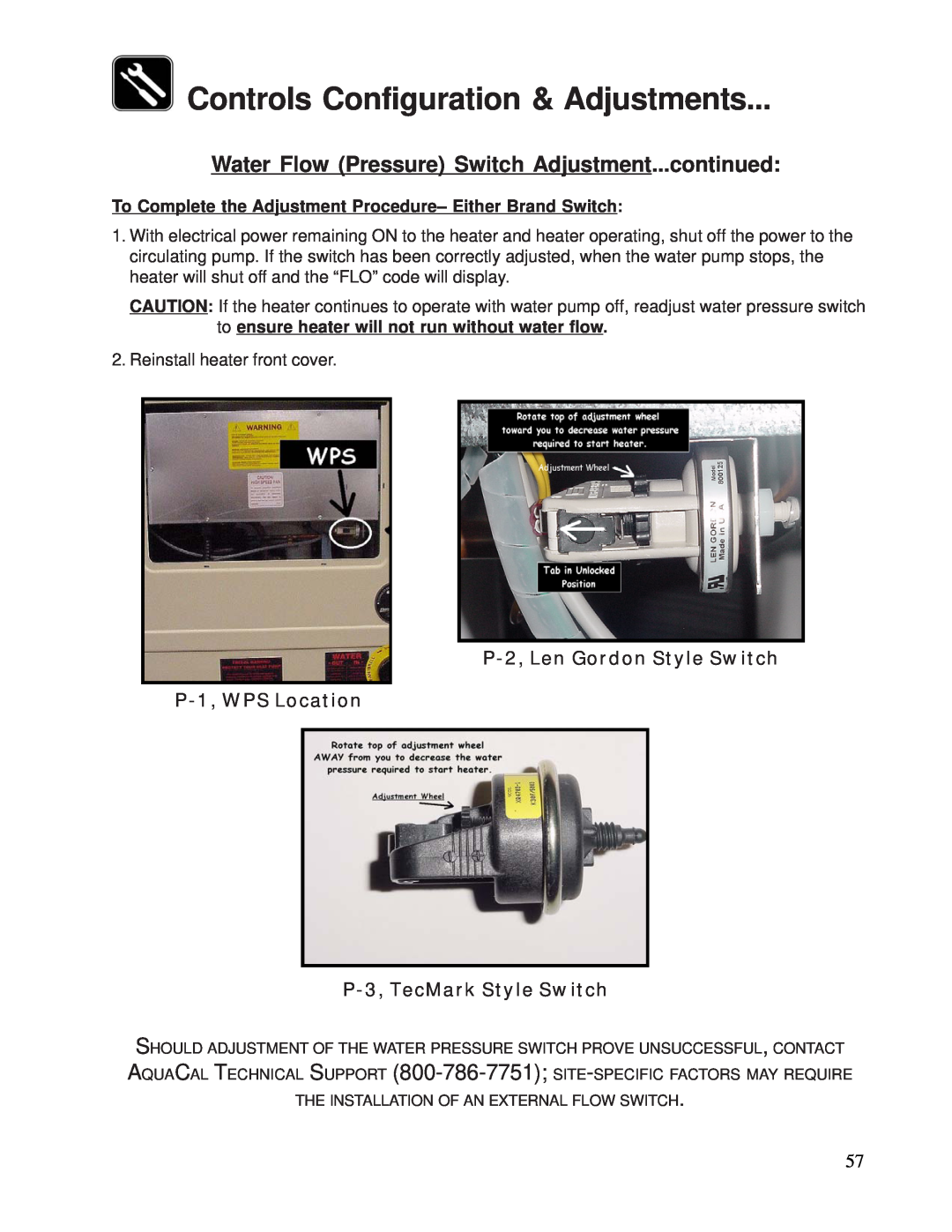 Aquacal 100 owner manual Water Flow Pressure Switch Adjustment...continued, Controls Configuration & Adjustments 