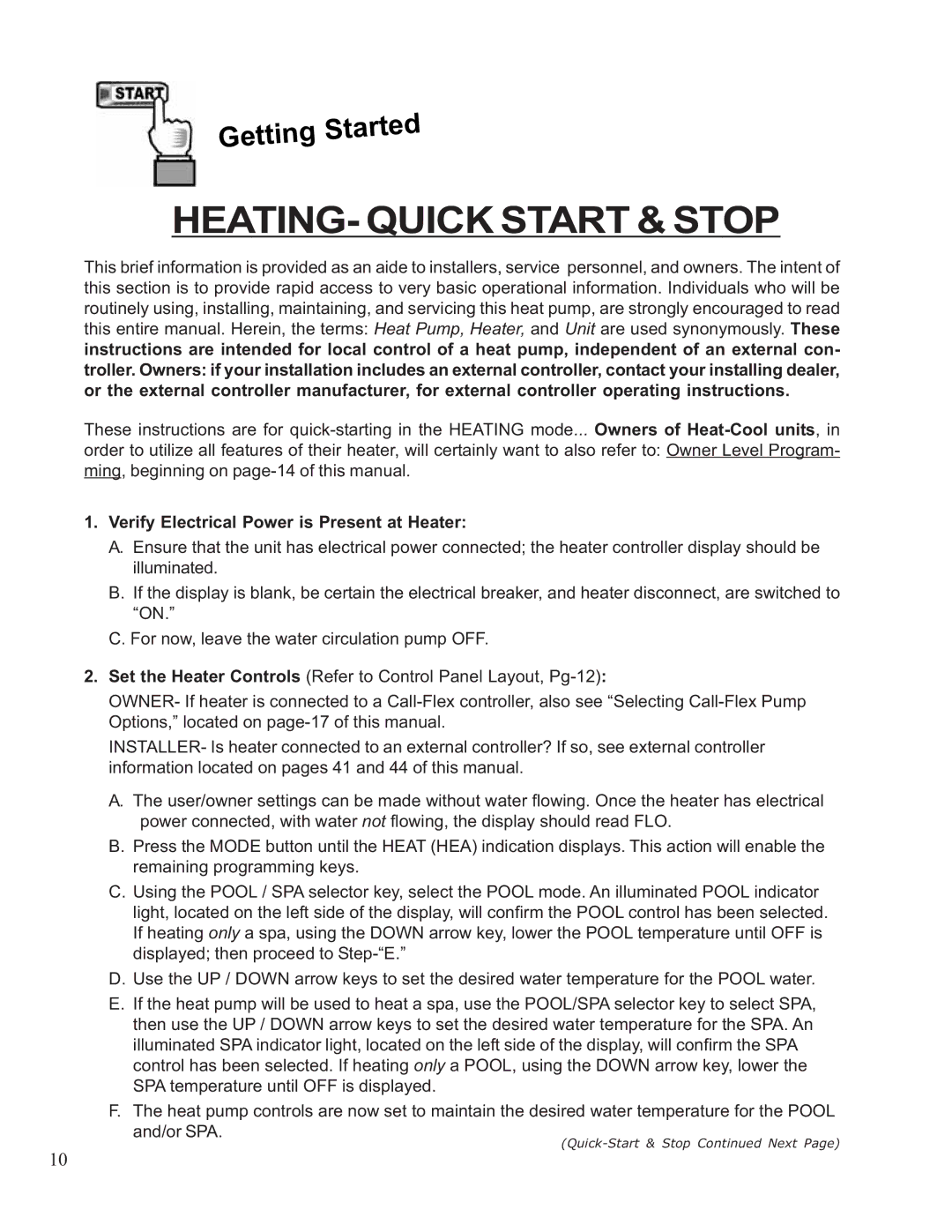 Aquacal 135, 101, 121, 156, 110, 111 owner manual HEATING- Quick Start & Stop 