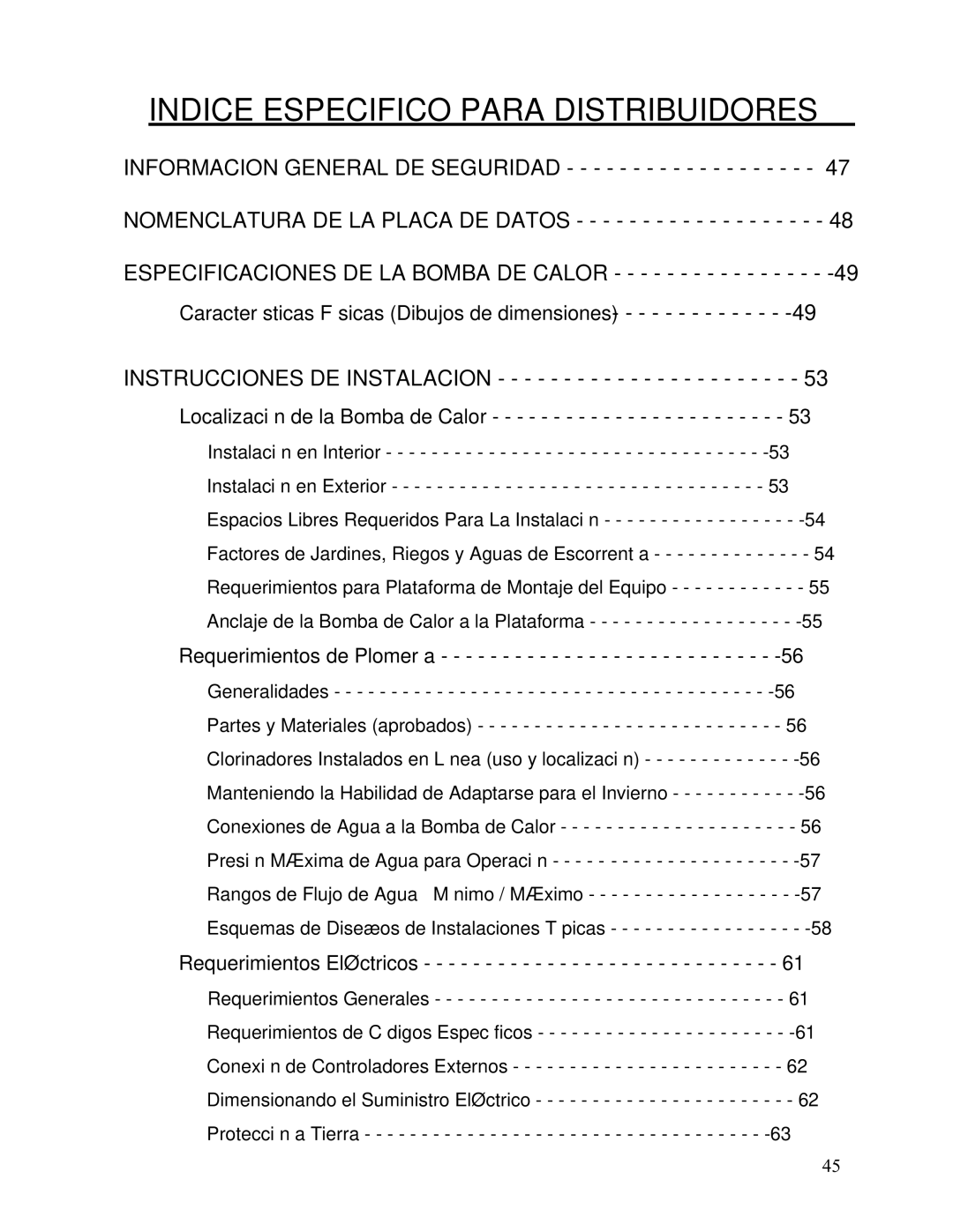 Aquacal 121, 101, 156, 110, 135, 111 owner manual Indice Especifico Para Distribuidores 