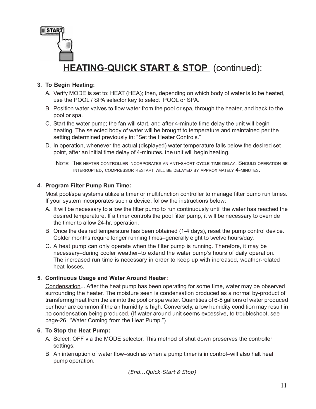 Aquacal 111, 101, 121, 156, 110, 135 owner manual HEATING-QUICK Start & Stop 