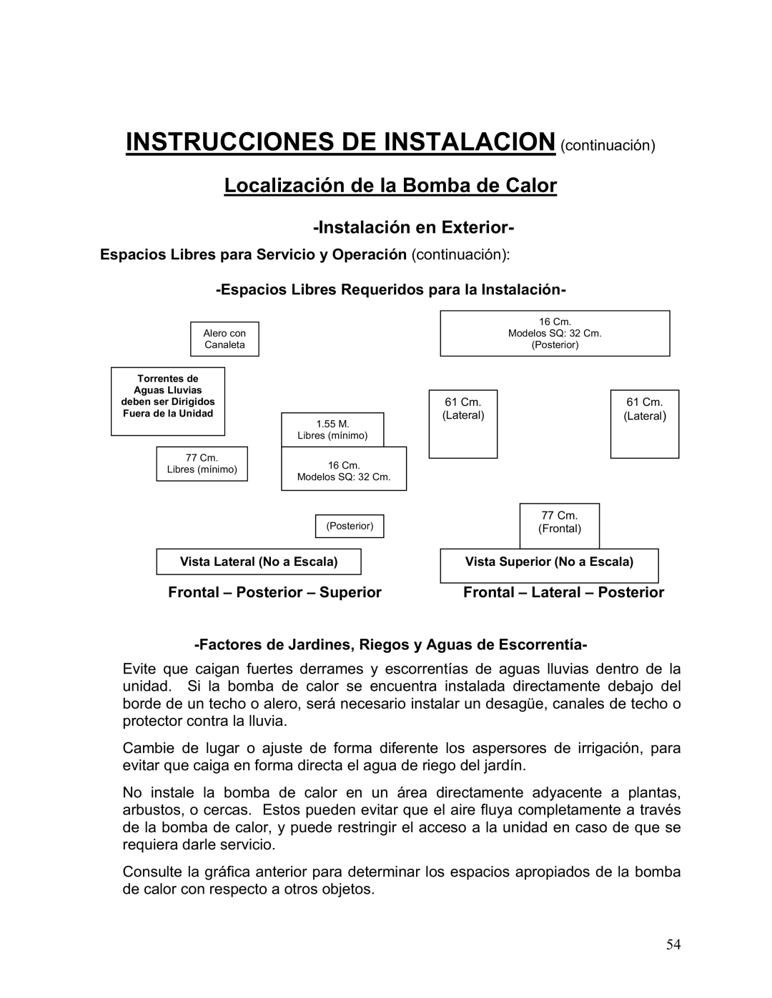 Aquacal 135, 101, 121, 156, 110, 111 owner manual Instrucciones DE Instalacion continuación, Frontal Posterior Superior 