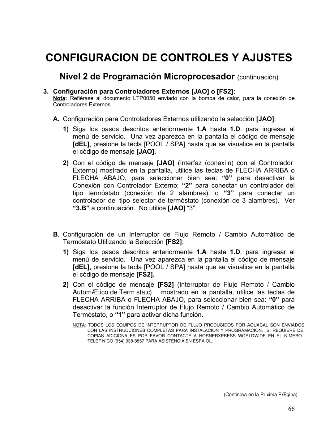 Aquacal 135, 101, 121, 156, 110, 111 owner manual Configuración para Controladores Externos JAO o FS2 