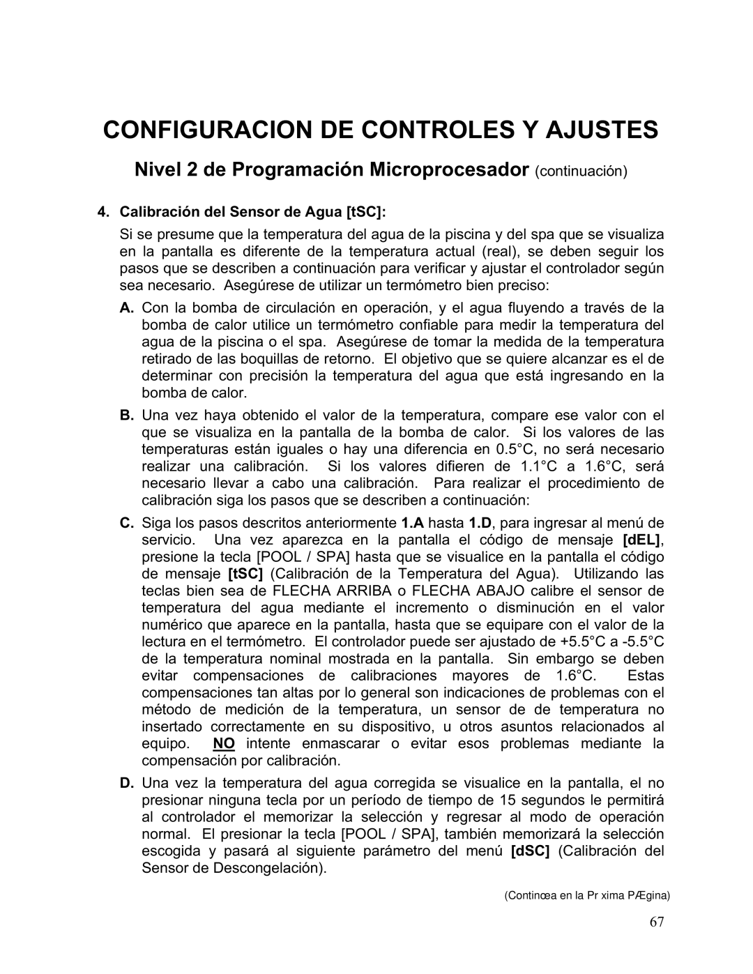 Aquacal 111, 101, 121, 156, 110, 135 owner manual Calibración del Sensor de Agua tSC 