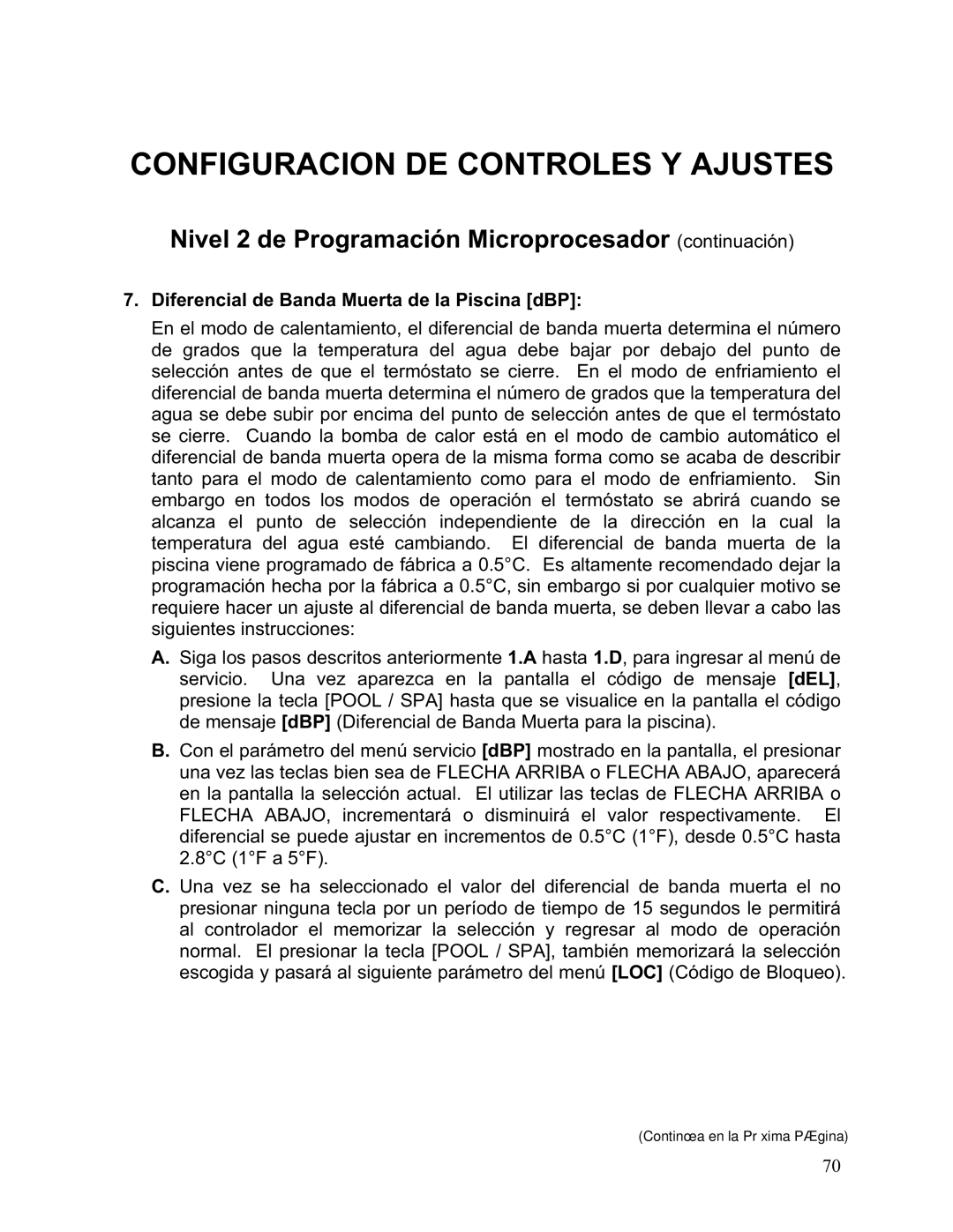 Aquacal 156, 101, 121, 110, 135, 111 owner manual Diferencial de Banda Muerta de la Piscina dBP 