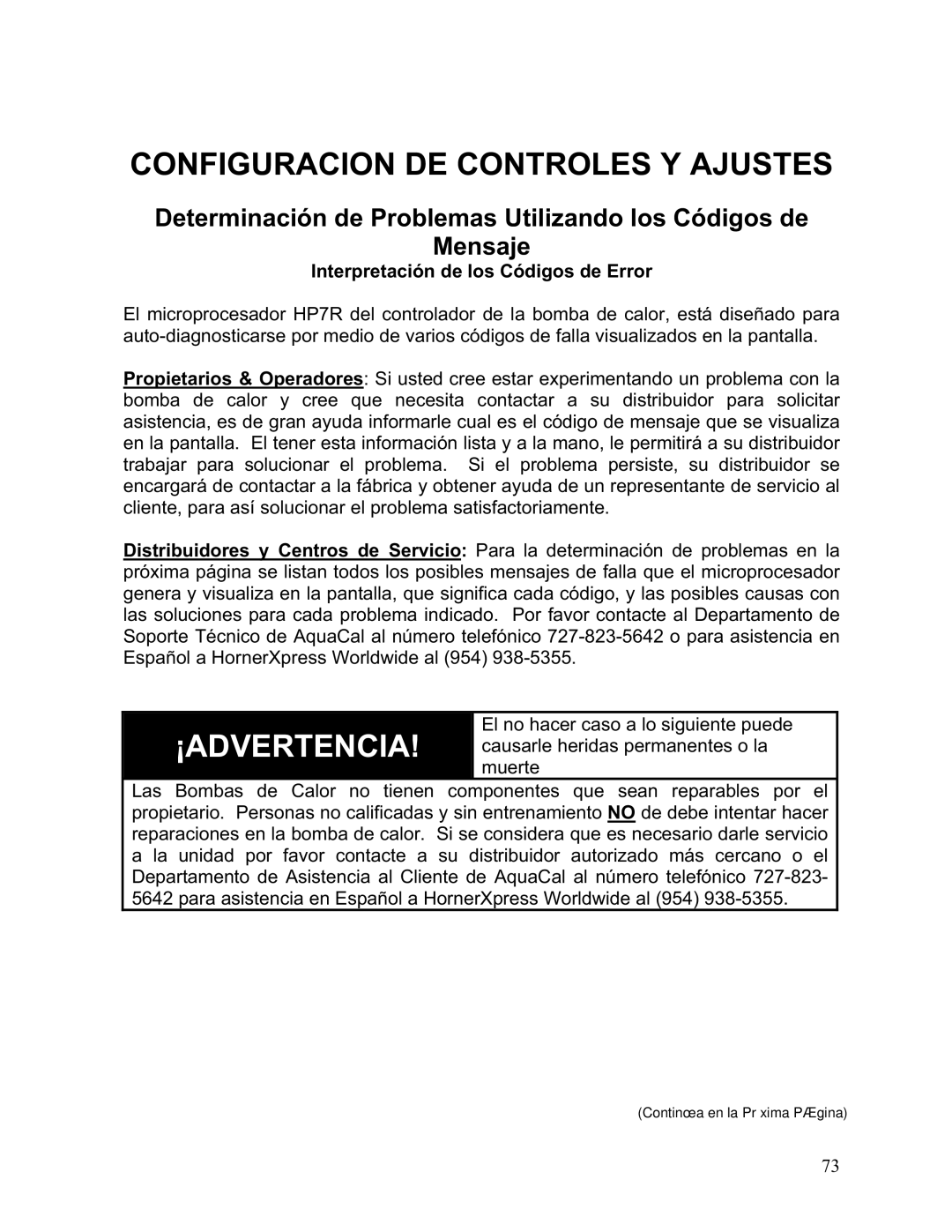 Aquacal 111, 101, 121 Determinación de Problemas Utilizando los Códigos de Mensaje, Interpretación de los Códigos de Error 