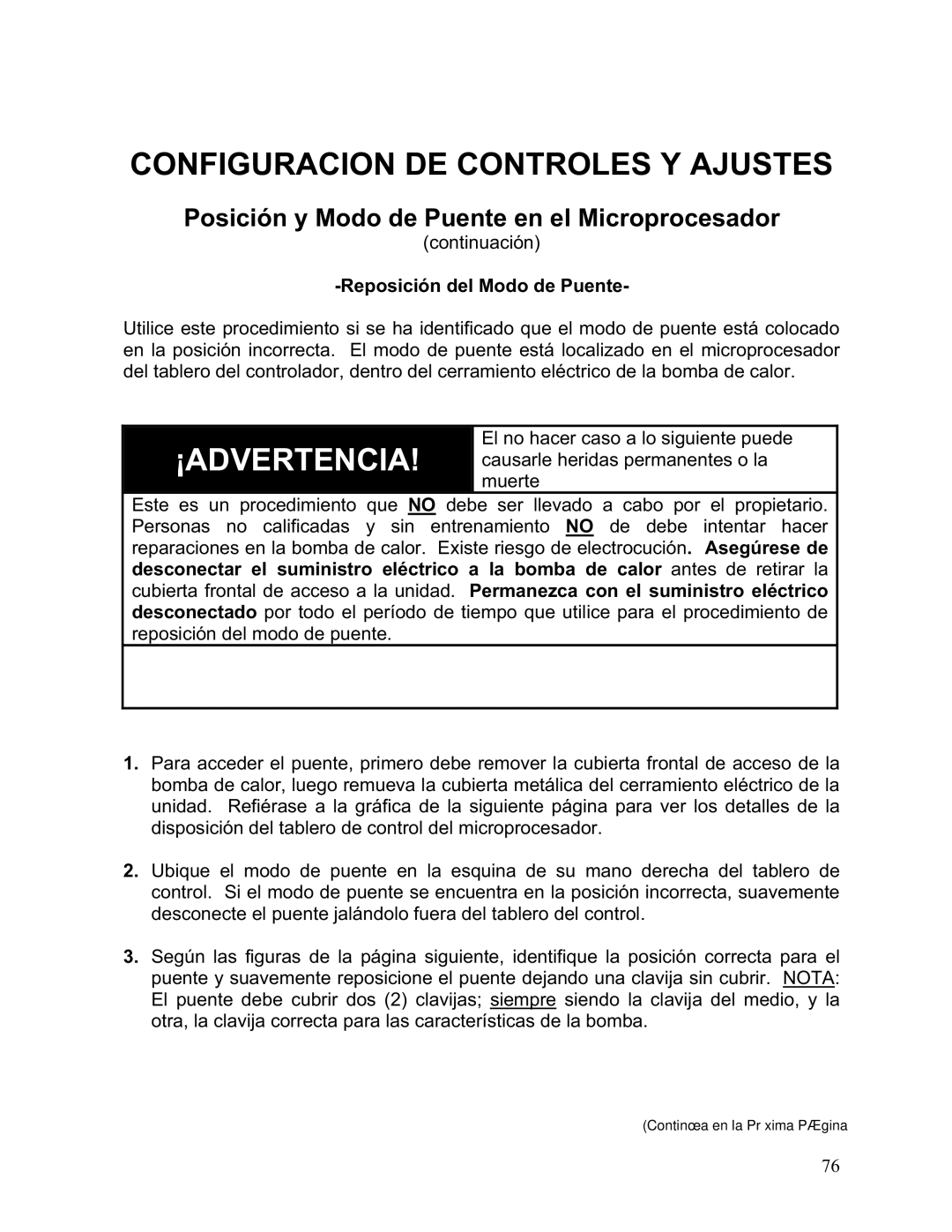 Aquacal 156, 101, 121, 110, 135, 111 owner manual Reposición del Modo de Puente 