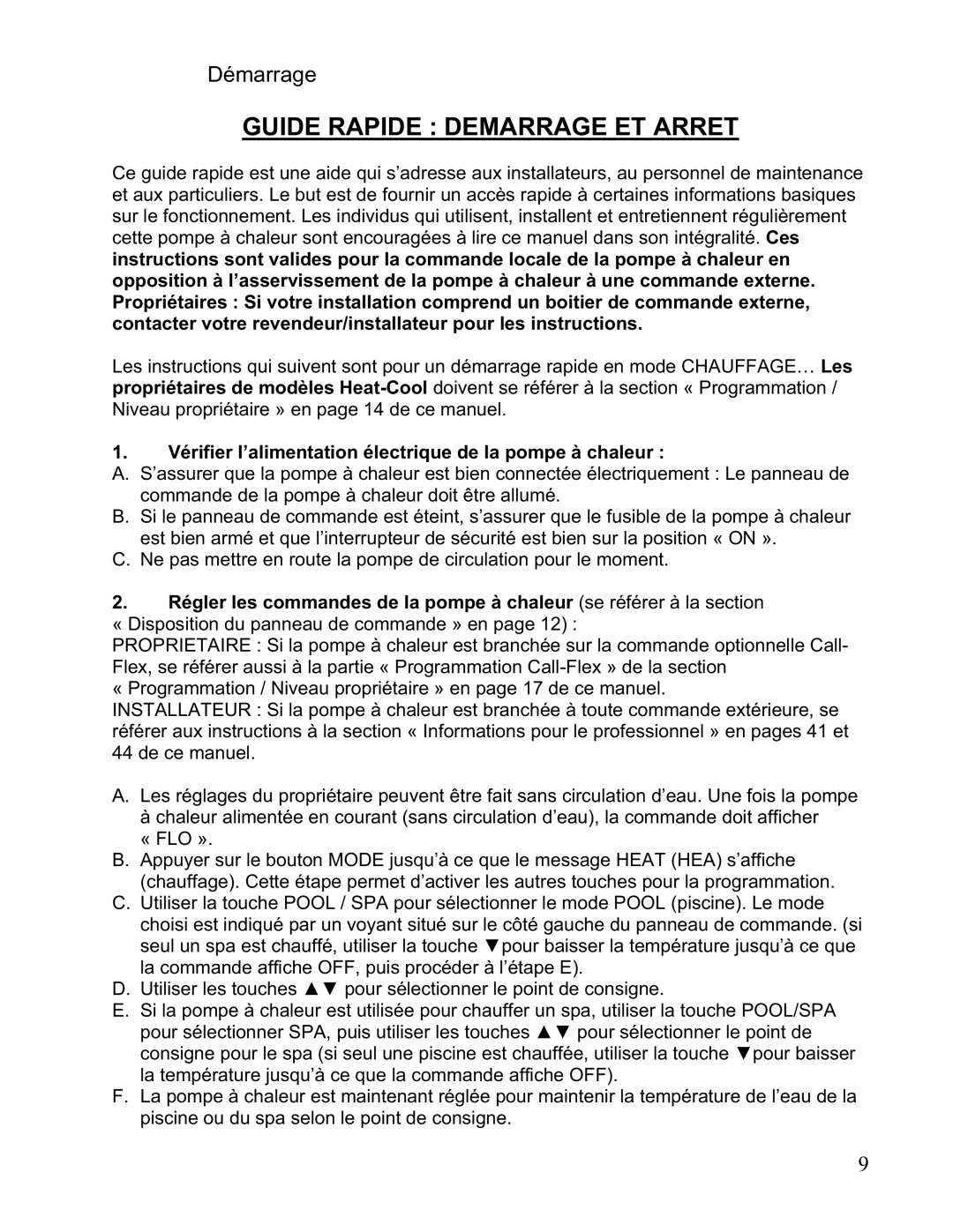 Aquacal 156, 101, 121, 110, 135, 111 Guide Rapide Demarrage ET Arret, Vérifier l’alimentation électrique de la pompe à chaleur 