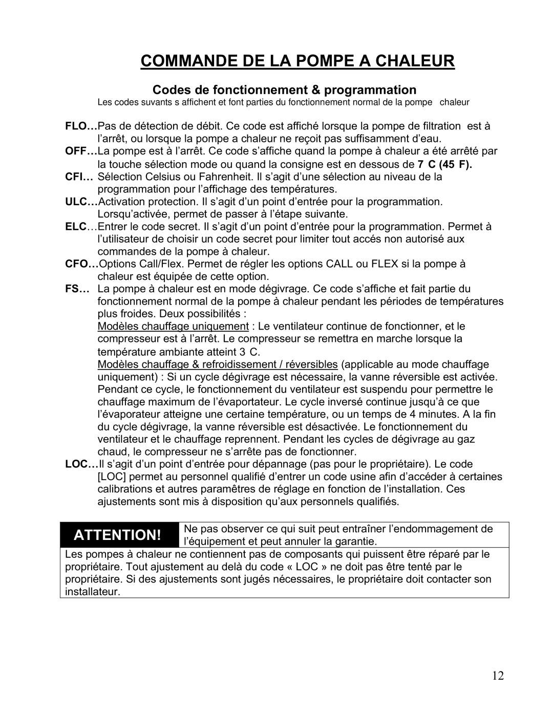 Aquacal 111, 101, 121, 156, 110, 135 owner manual Codes de fonctionnement & programmation 