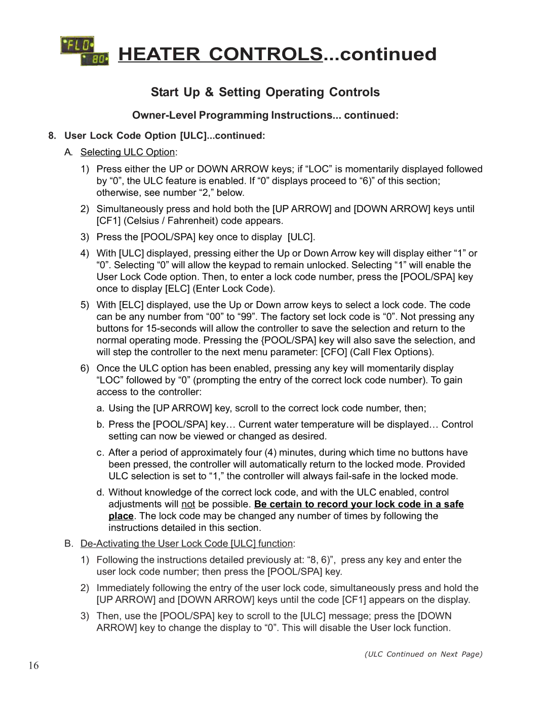 Aquacal 135, 101, 121, 156, 110, 111 owner manual User Lock Code Option ULC 