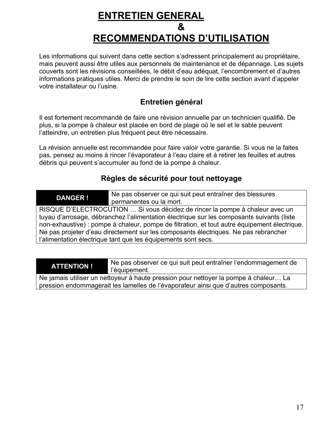 Aquacal 135, 101, 121, 156, 110, 111 owner manual Entretien général, Règles de sécurité pour tout nettoyage 