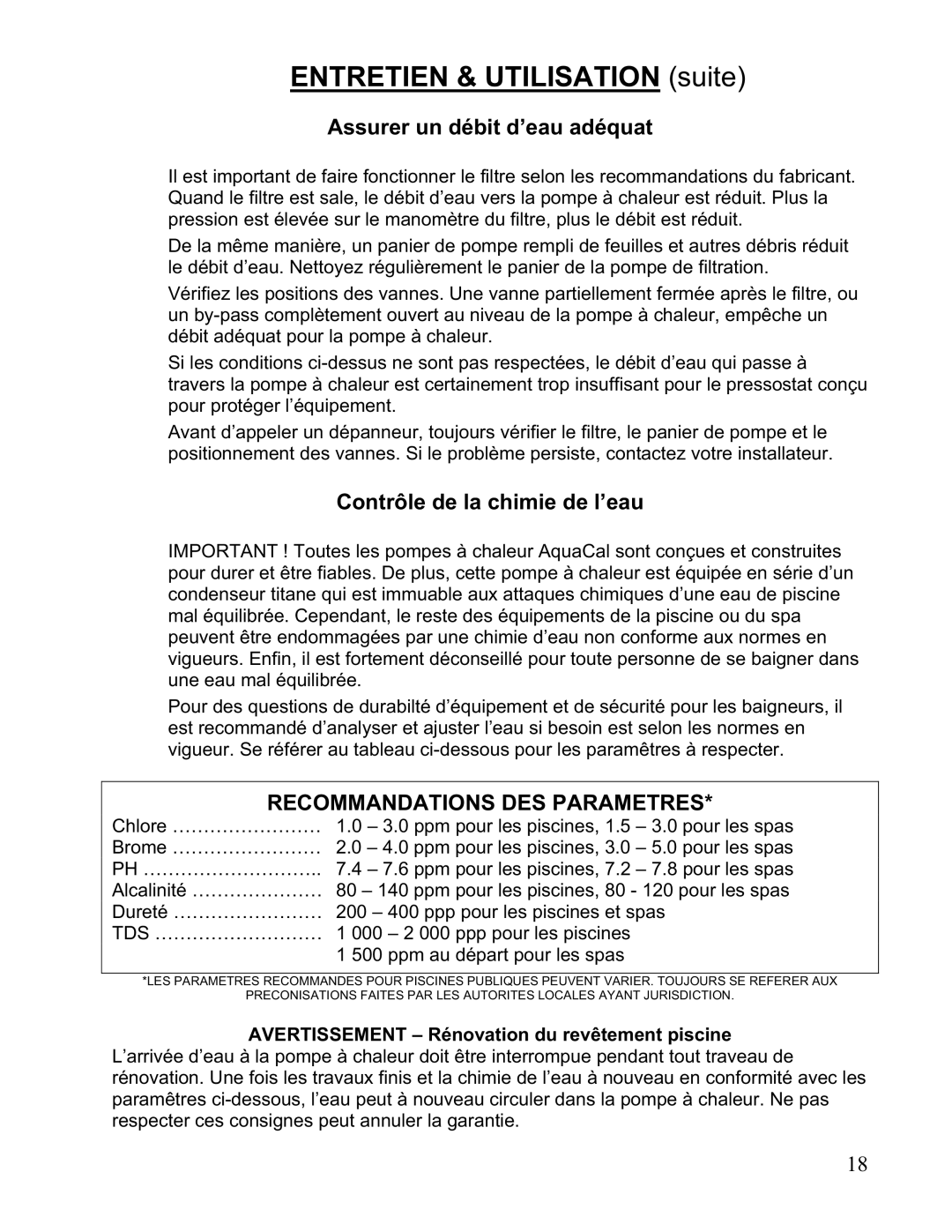 Aquacal 111, 101, 121, 156, 110, 135 owner manual Assurer un débit d’eau adéquat, Contrôle de la chimie de l’eau 