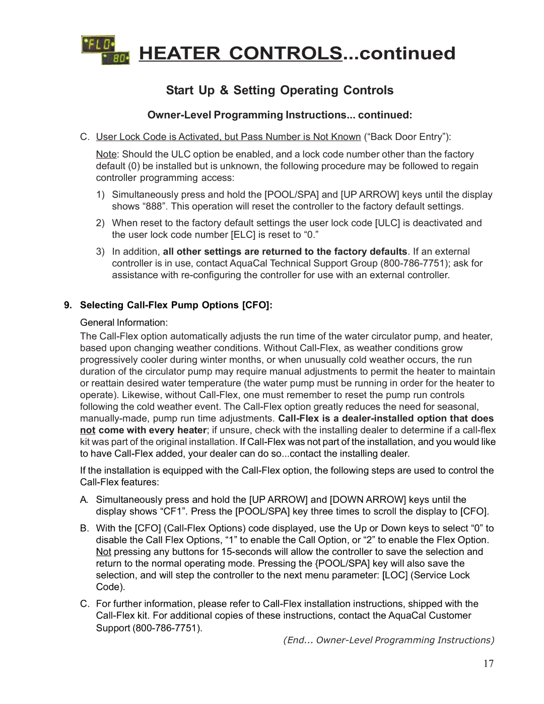 Aquacal 111, 101, 121, 156, 110, 135 owner manual Selecting Call-Flex Pump Options CFO 