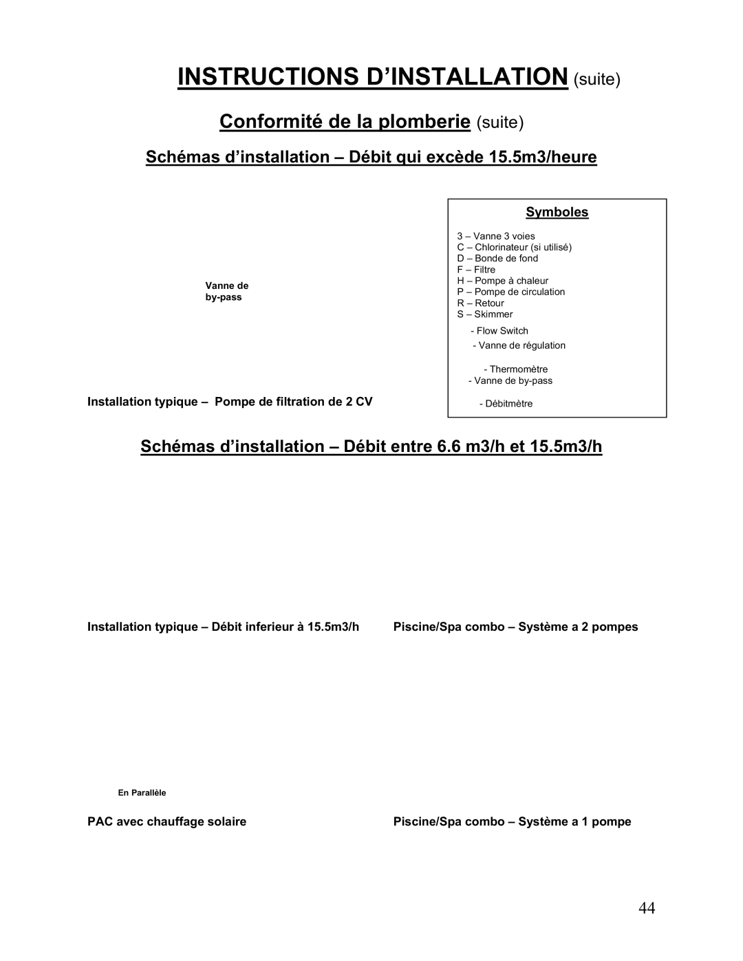 Aquacal 121, 101, 156, 110, 135, 111 Conformité de la plomberie suite, Schémas d’installation Débit qui excède 15.5m3/heure 