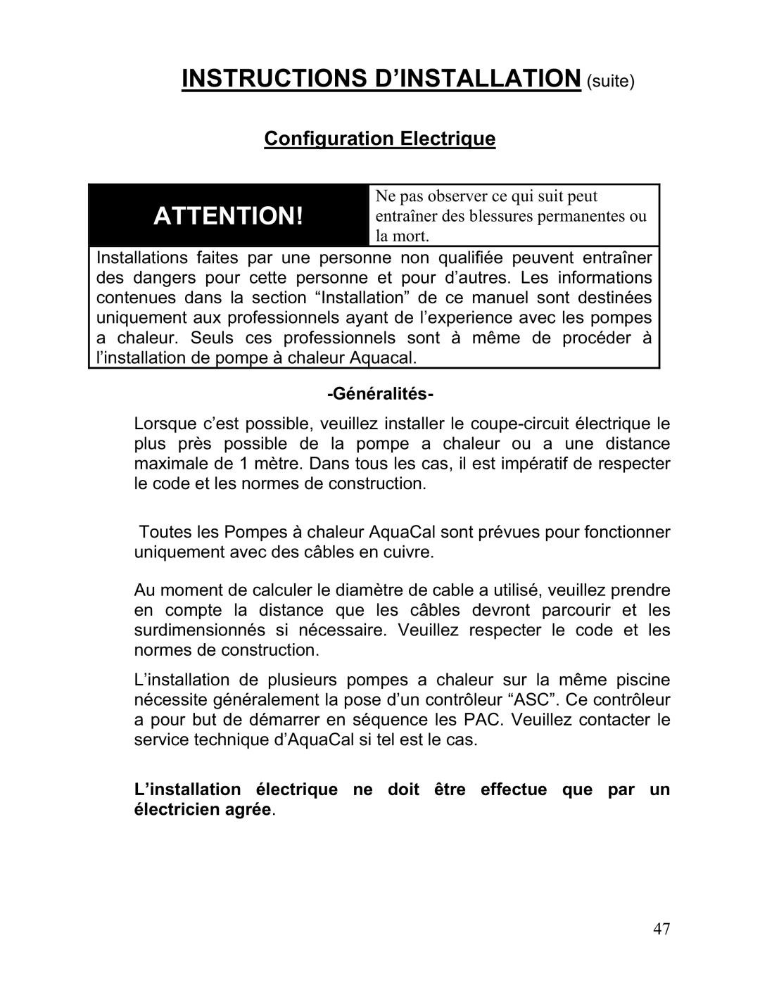 Aquacal 135, 101, 121, 156, 110, 111 owner manual Configuration Electrique, Généralités 