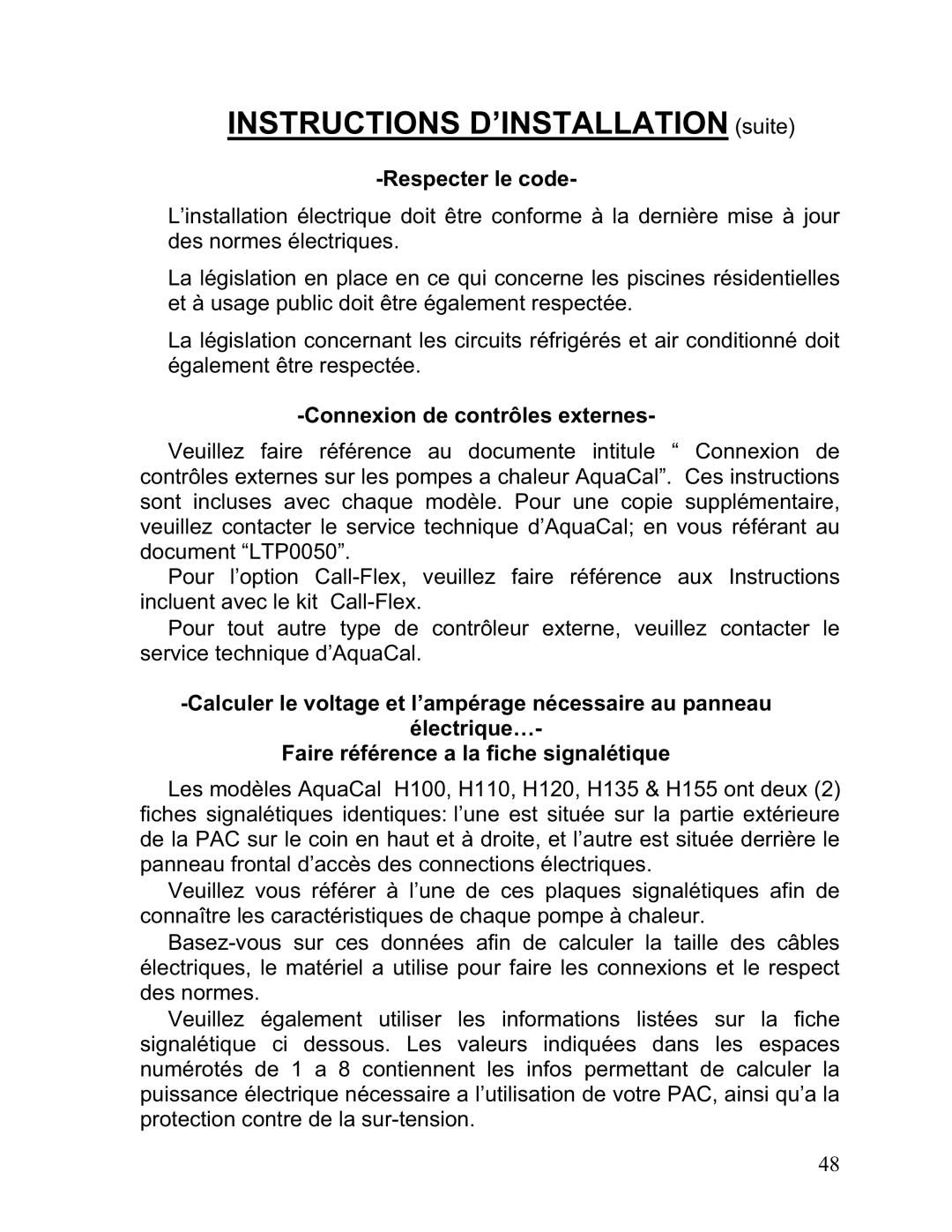 Aquacal 111, 101, 121, 156, 110, 135 owner manual Respecter le code, Connexion de contrôles externes 