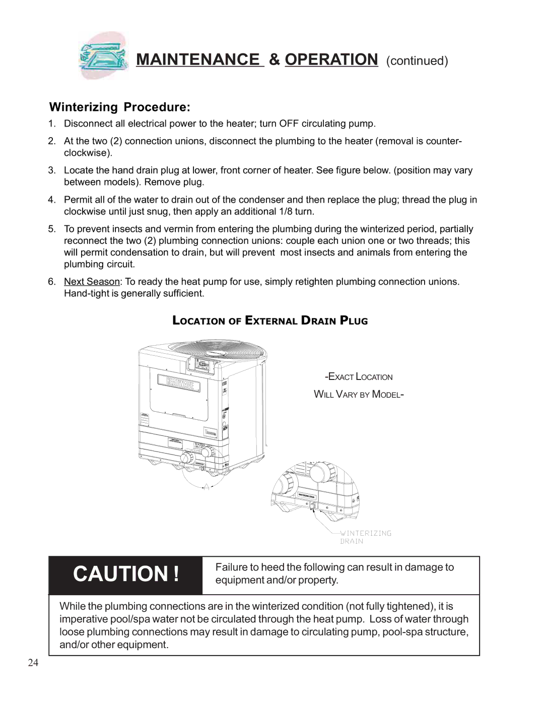 Aquacal 101, 121, 156, 110, 135, 111 owner manual Winterizing Procedure 