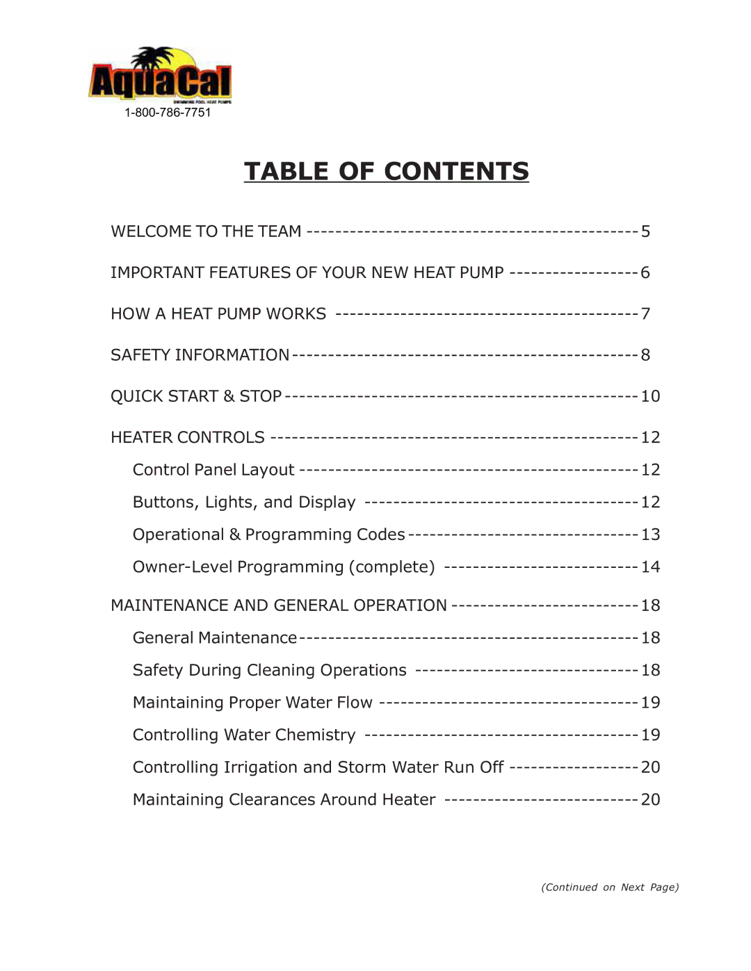 Aquacal 110, 101, 121, 156, 135, 111 owner manual Table of Contents 