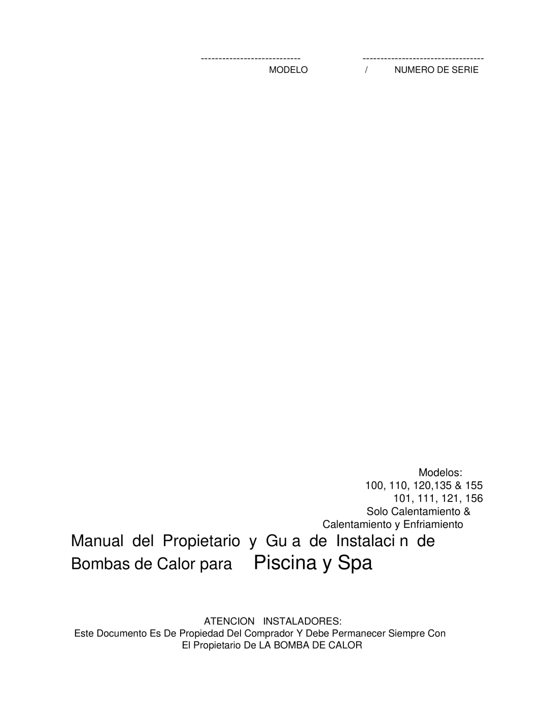 Aquacal 111, 101, 121, 156, 110, 135 owner manual Modelos 