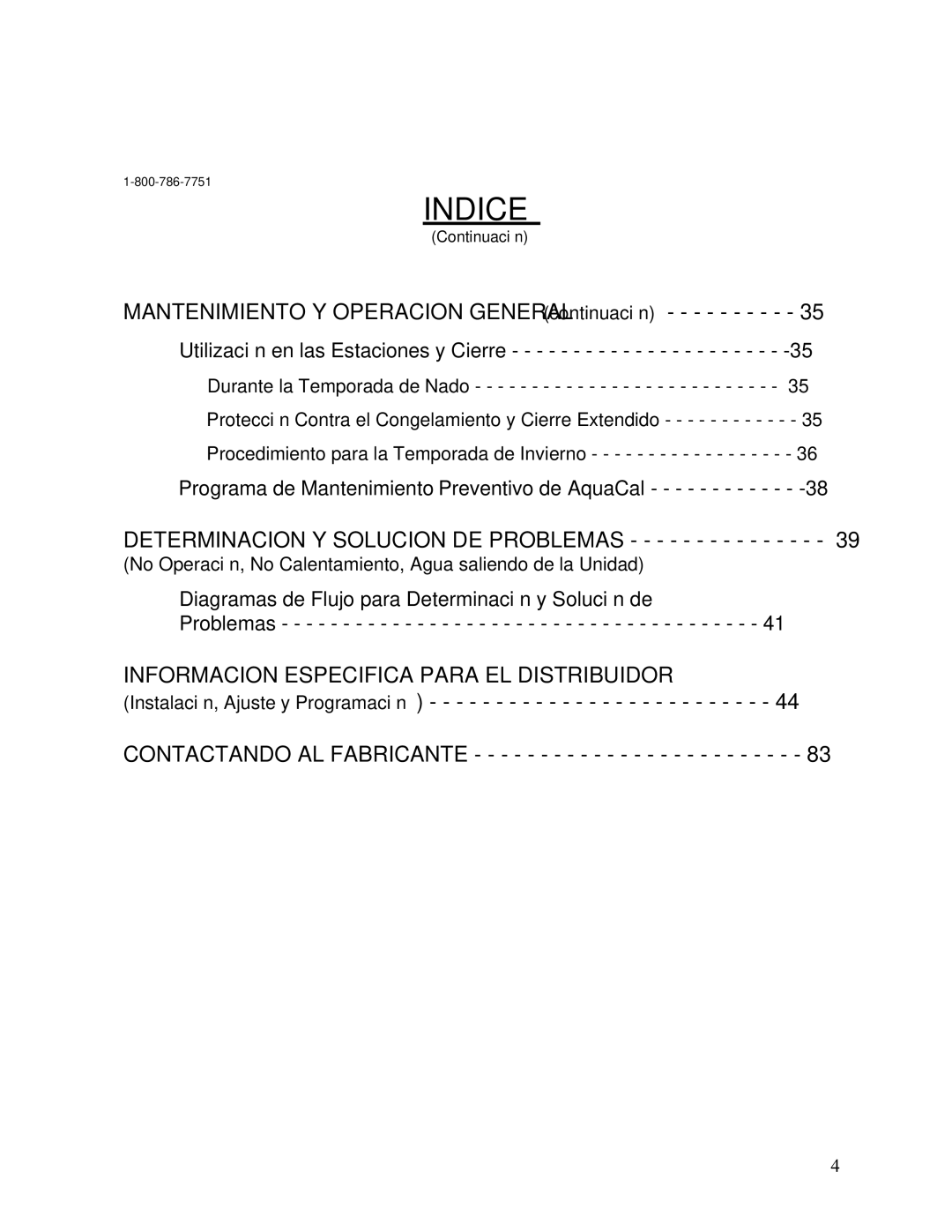 Aquacal 156, 101, 121, 110, 135, 111 owner manual Informacion Especifica Para EL Distribuidor 