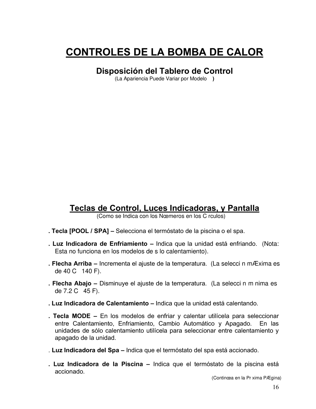 Aquacal 156, 101, 121, 110, 135, 111 owner manual Controles DE LA Bomba DE Calor, Disposición del Tablero de Control 