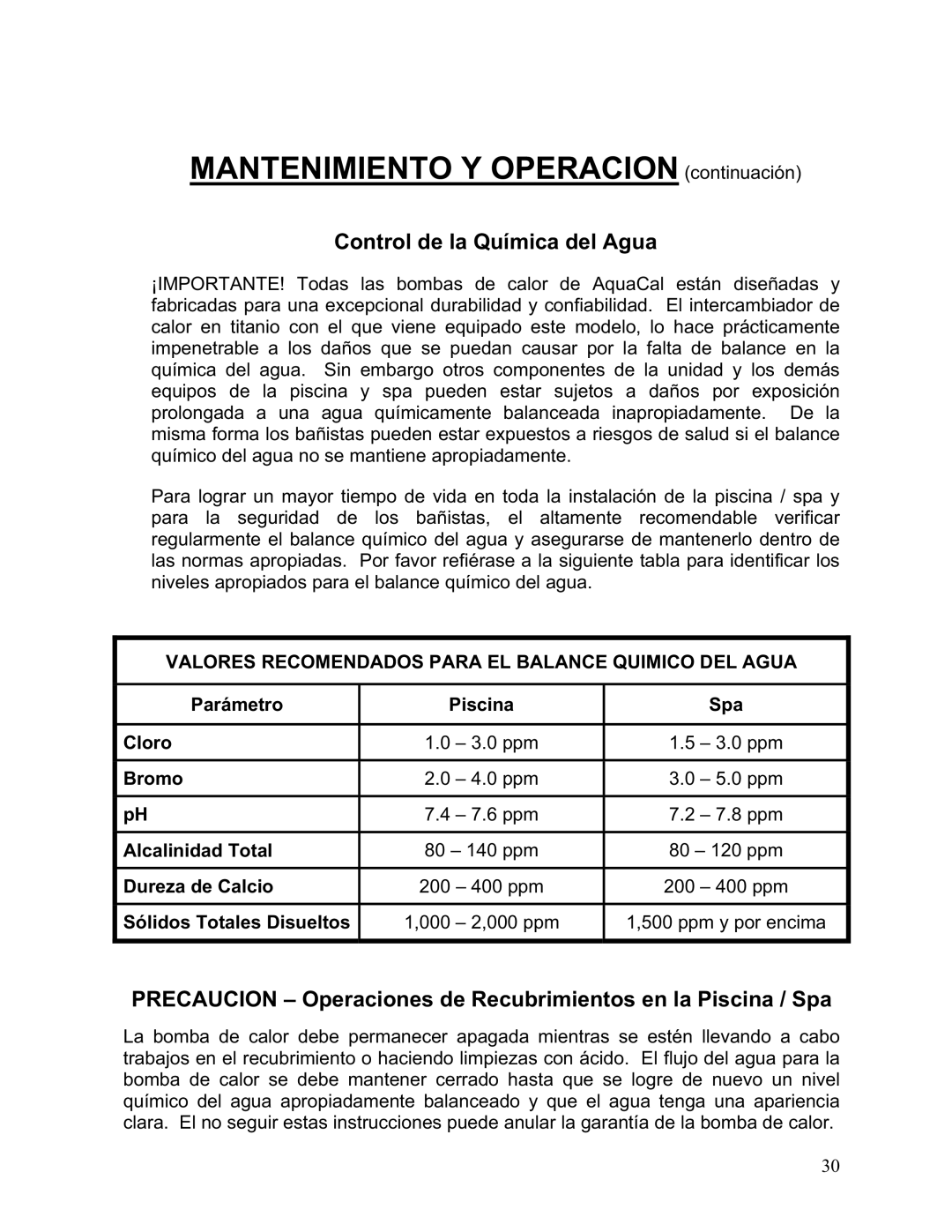 Aquacal 135, 101, 121, 156, 110, 111 owner manual Control de la Química del Agua 