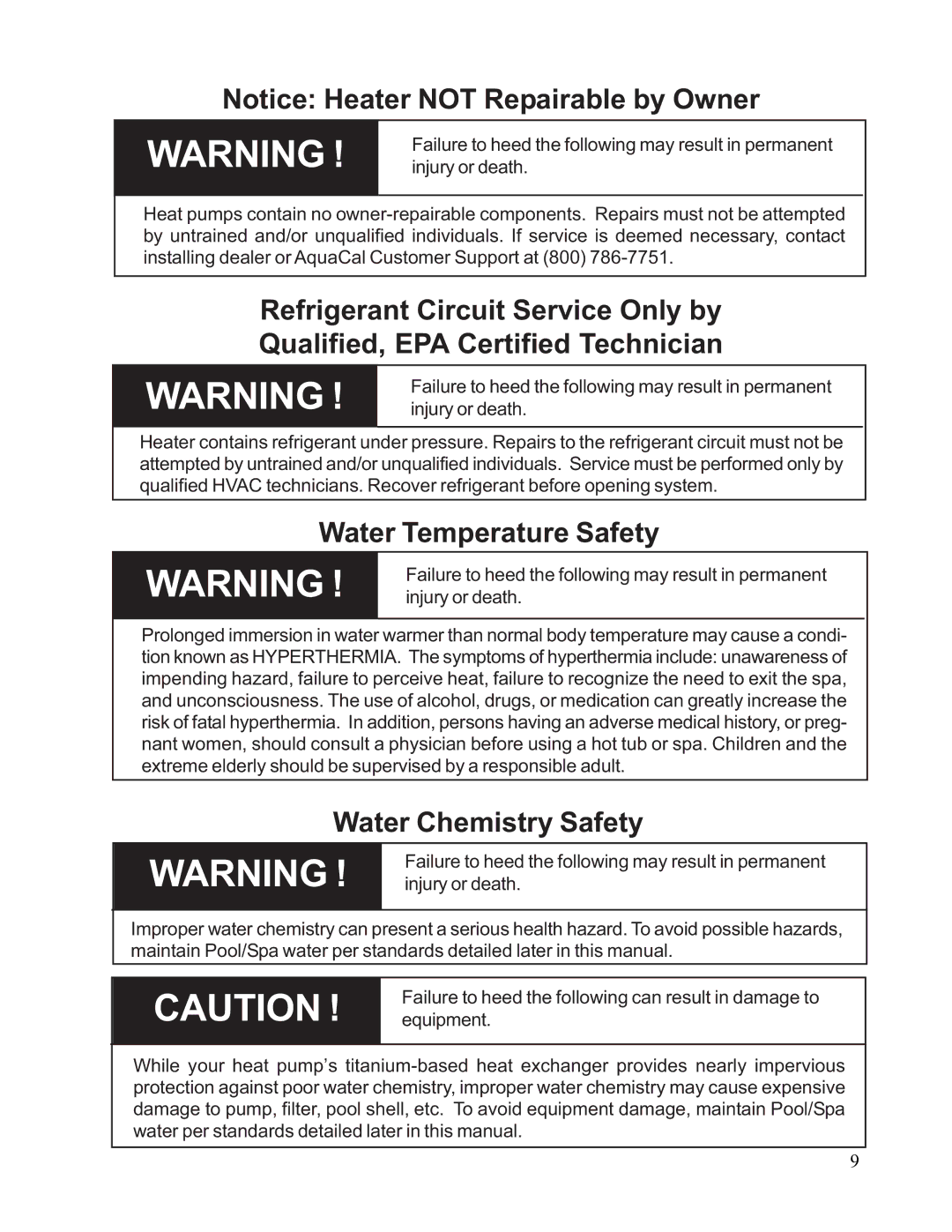 Aquacal 110, 101, 121, 156, 135, 111 owner manual Water Temperature Safety 