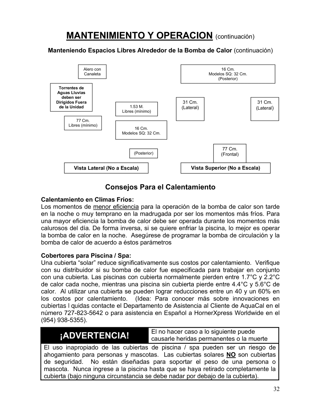 Aquacal 101, 121, 156, 110, 135 Consejos Para el Calentamiento, Calentamiento en Climas Fríos, Cobertores para Piscina / Spa 