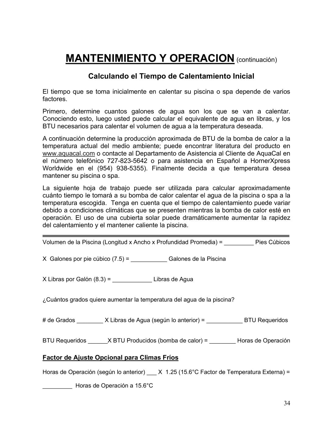 Aquacal 156, 101, 121, 110, 135 Calculando el Tiempo de Calentamiento Inicial, Factor de Ajuste Opcional para Climas Fríos 