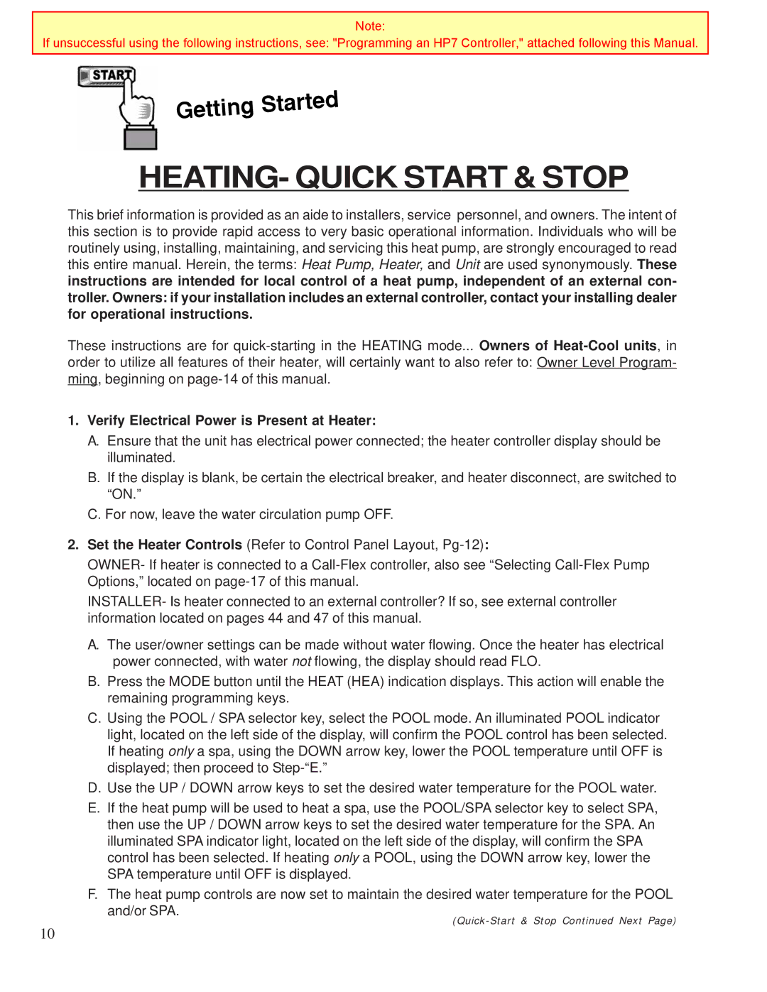 Aquacal 155, 120 owner manual HEATING- Quick Start & Stop, Verify Electrical Power is Present at Heater 