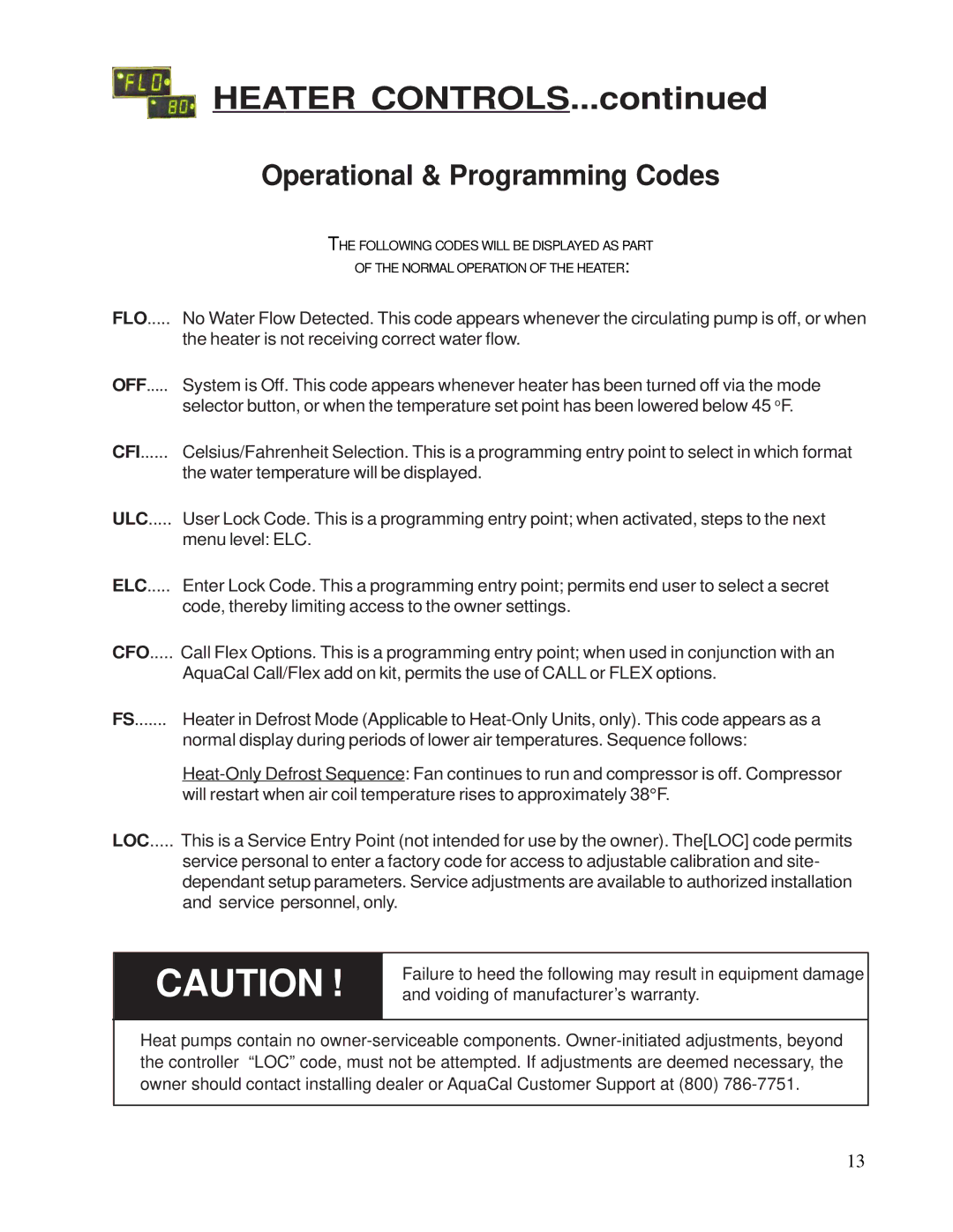 Aquacal 120, 155 owner manual Heater Controls, Operational & Programming Codes 