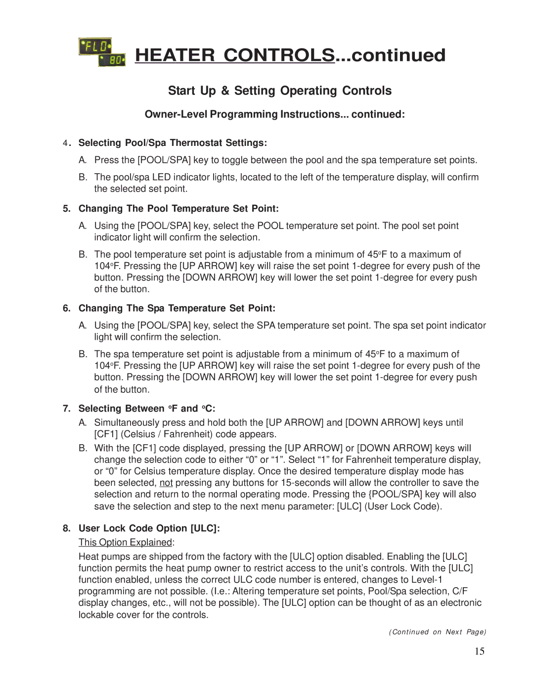 Aquacal 120 Start Up & Setting Operating Controls, Selecting Pool/Spa Thermostat Settings, Selecting Between oF and oC 