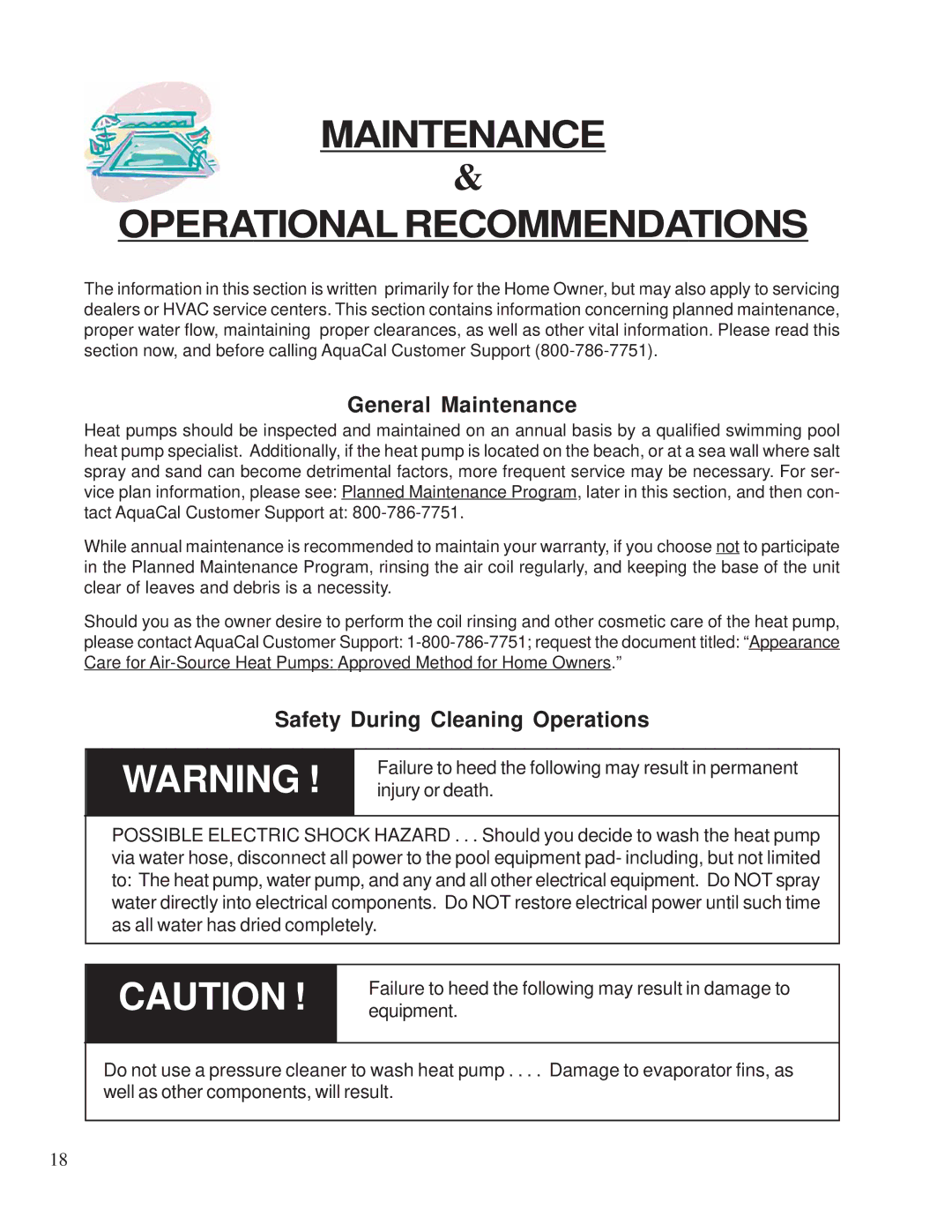 Aquacal 155, 120 Maintenance Operational Recommendations, General Maintenance, Safety During Cleaning Operations 