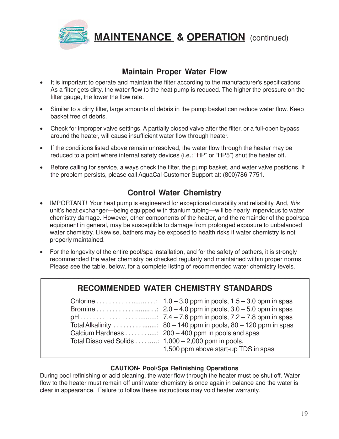 Aquacal 120, 155 owner manual Maintenance & Operation, Maintain Proper Water Flow, Control Water Chemistry 