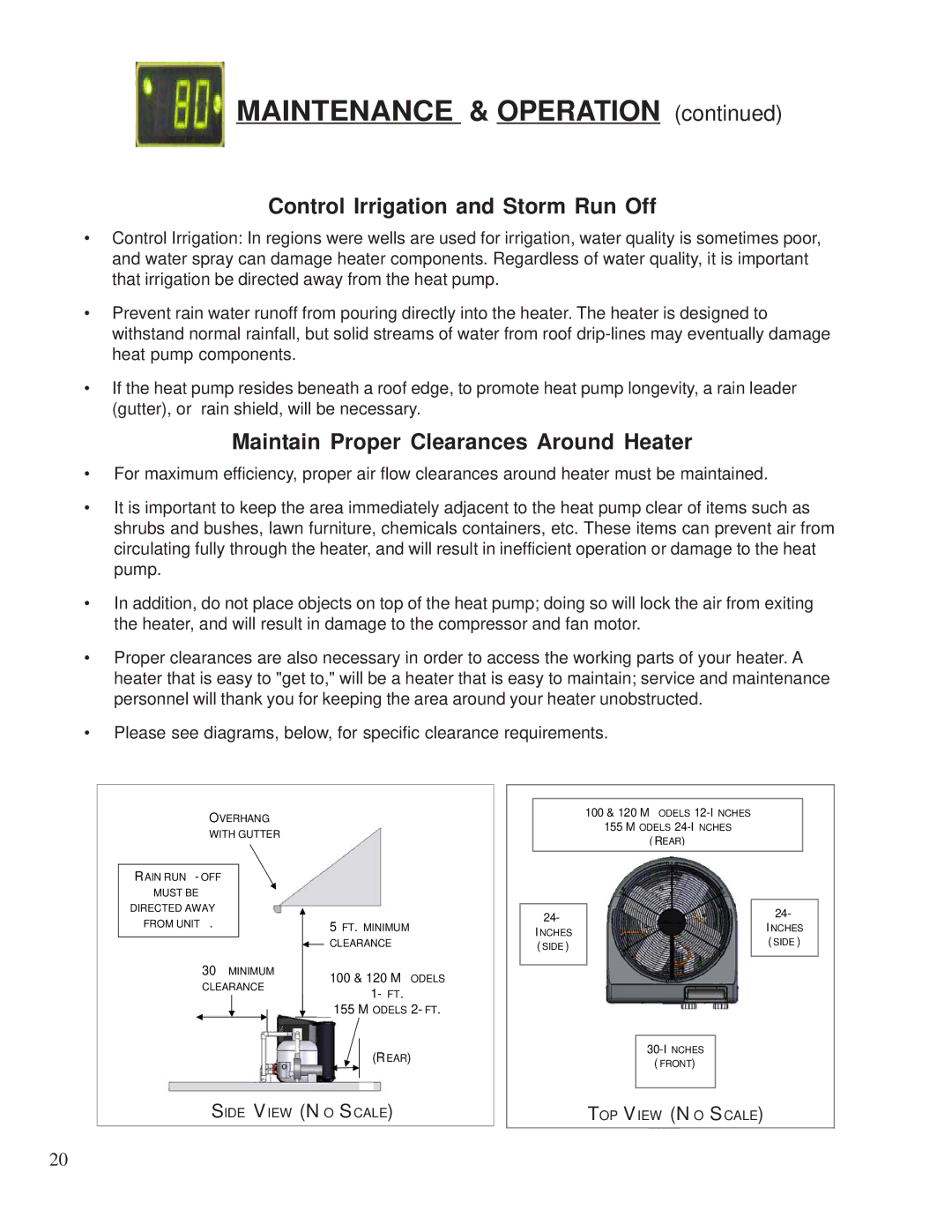 Aquacal 155, 120 owner manual Control Irrigation and Storm Run Off, Maintain Proper Clearances Around Heater 