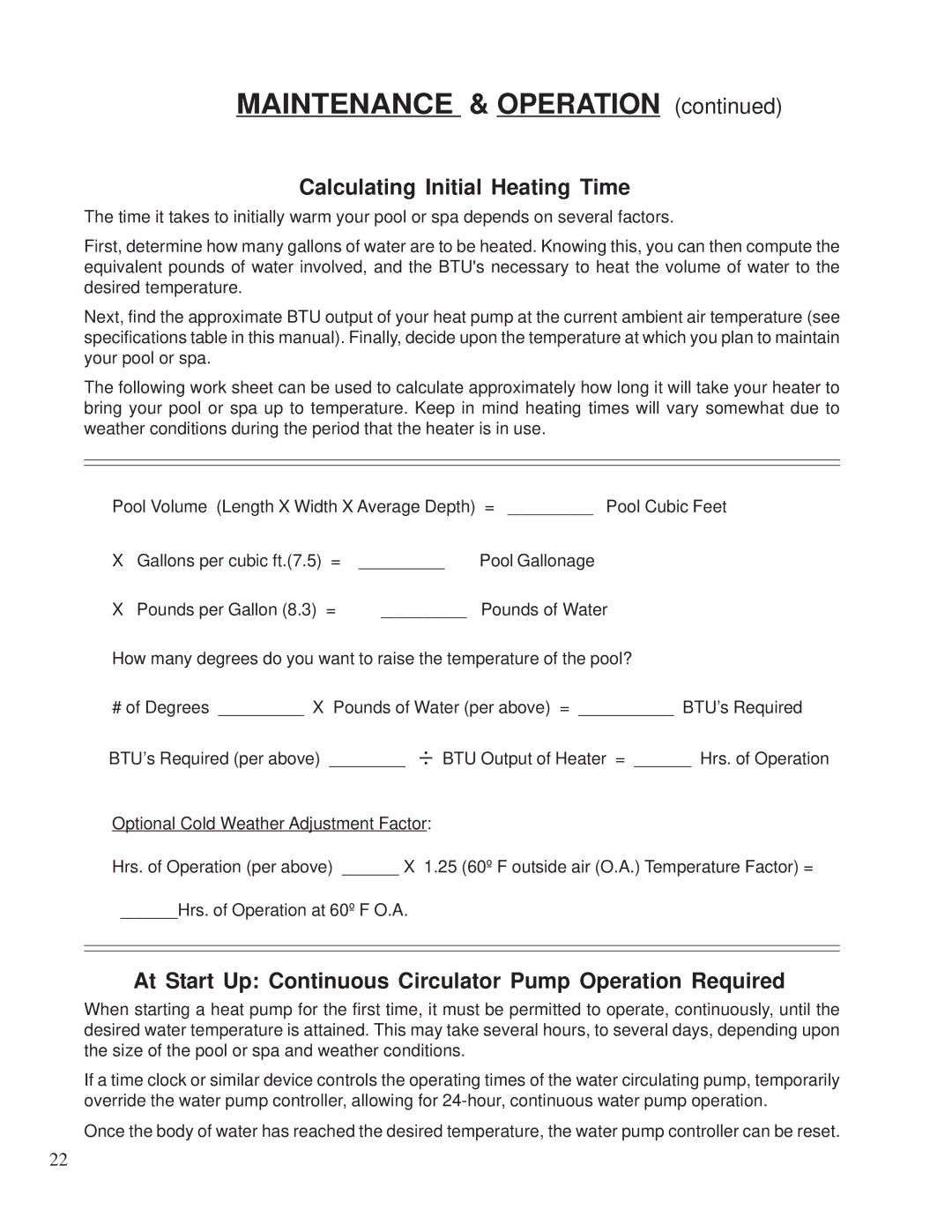 Aquacal 155, 120 owner manual Calculating Initial Heating Time, At Start Up Continuous Circulator Pump Operation Required 