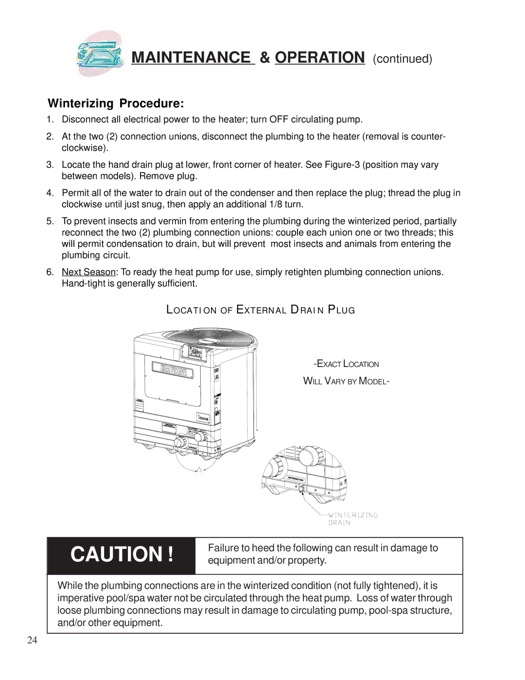 Aquacal 155, 120 owner manual Winterizing Procedure 