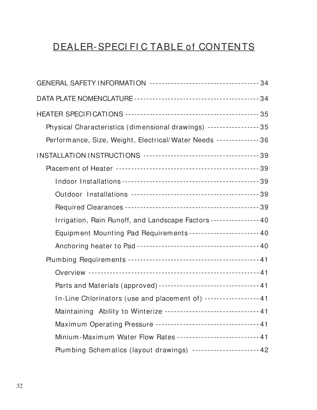 Aquacal 155, 120 owner manual DEALER-SPECIFIC Table of Contents 