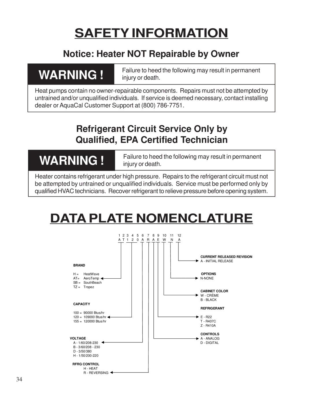 Aquacal 155, 120 owner manual Safety Information, Data Plate Nomenclature 