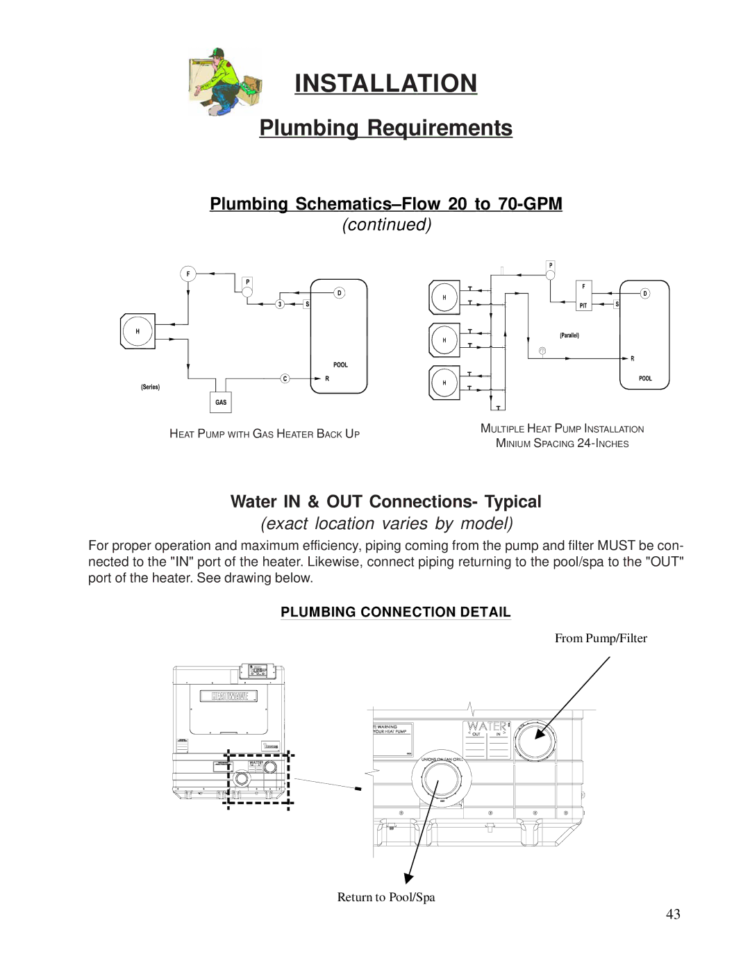 Aquacal 120, 155 owner manual Plumbing Schematics-Flow 20 to 70-GPM, Water in & OUT Connections- Typical 