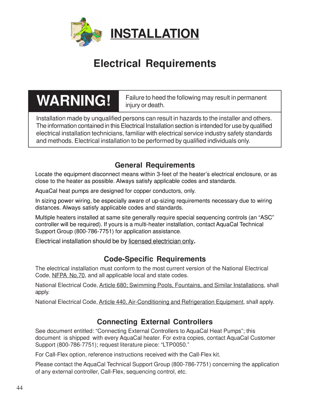 Aquacal 155 Electrical Requirements, General Requirements, Code-Specific Requirements, Connecting External Controllers 