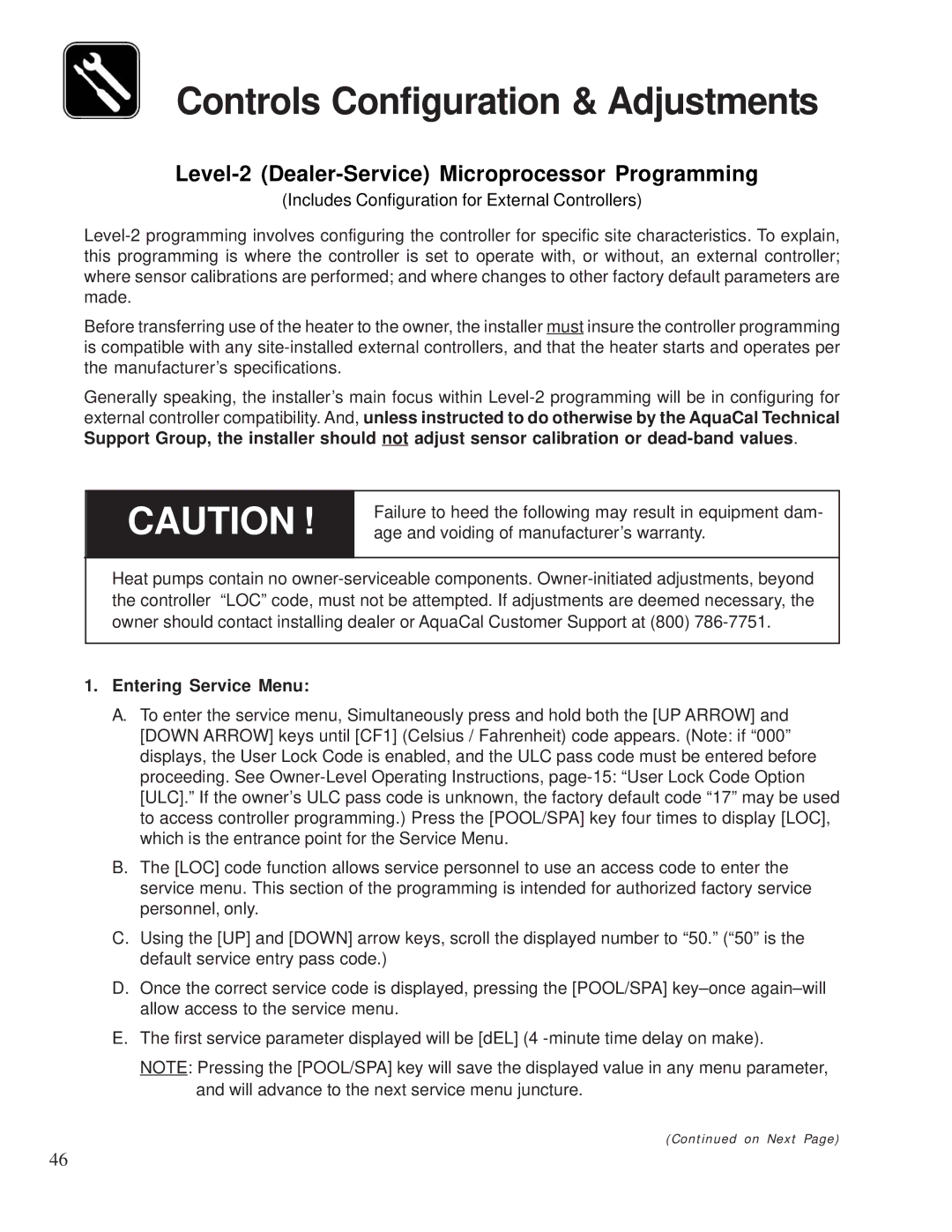 Aquacal 155, 120 owner manual Controls Configuration & Adjustments, Entering Service Menu 