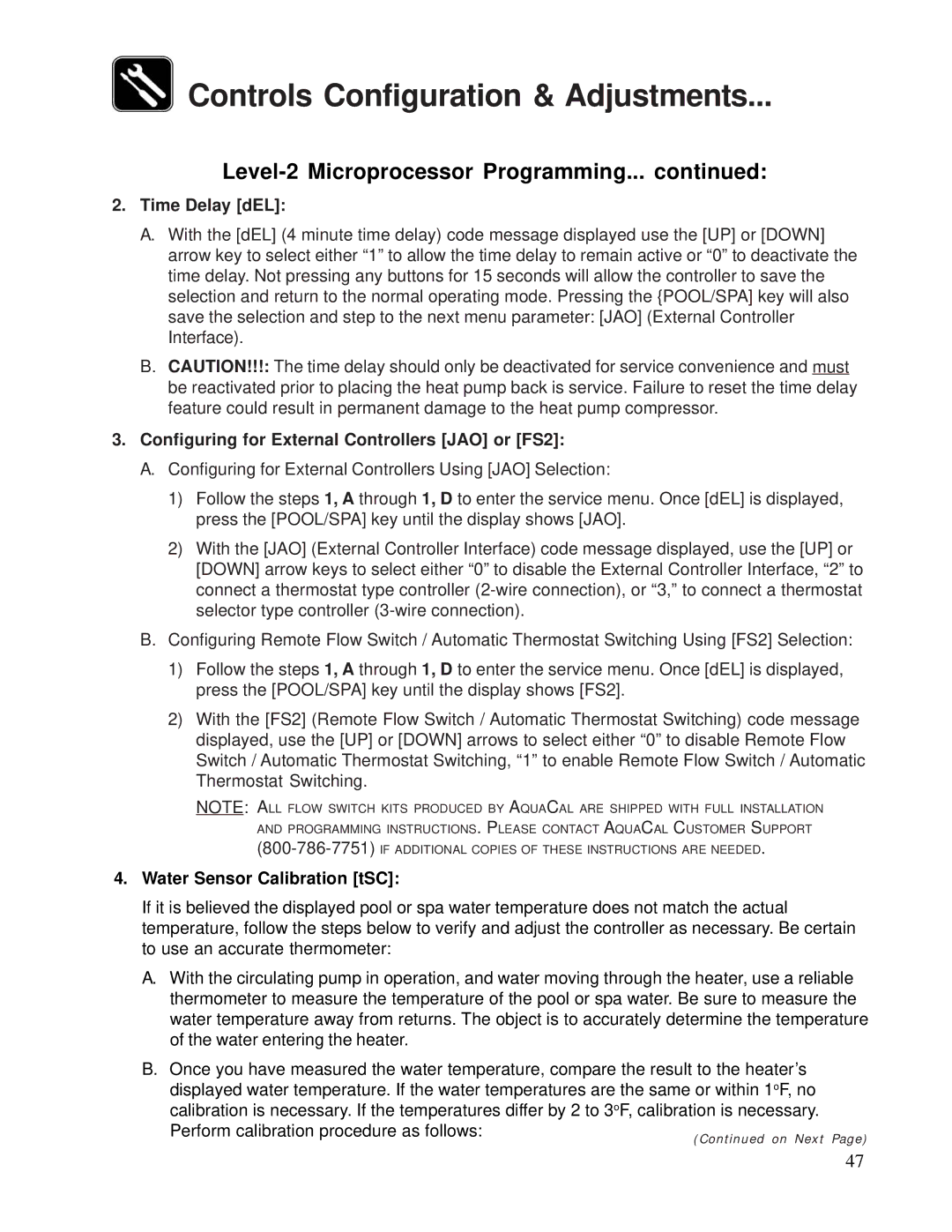 Aquacal 120, 155 Controls Configuration & Adjustments, Time Delay dEL, Configuring for External Controllers JAO or FS2 