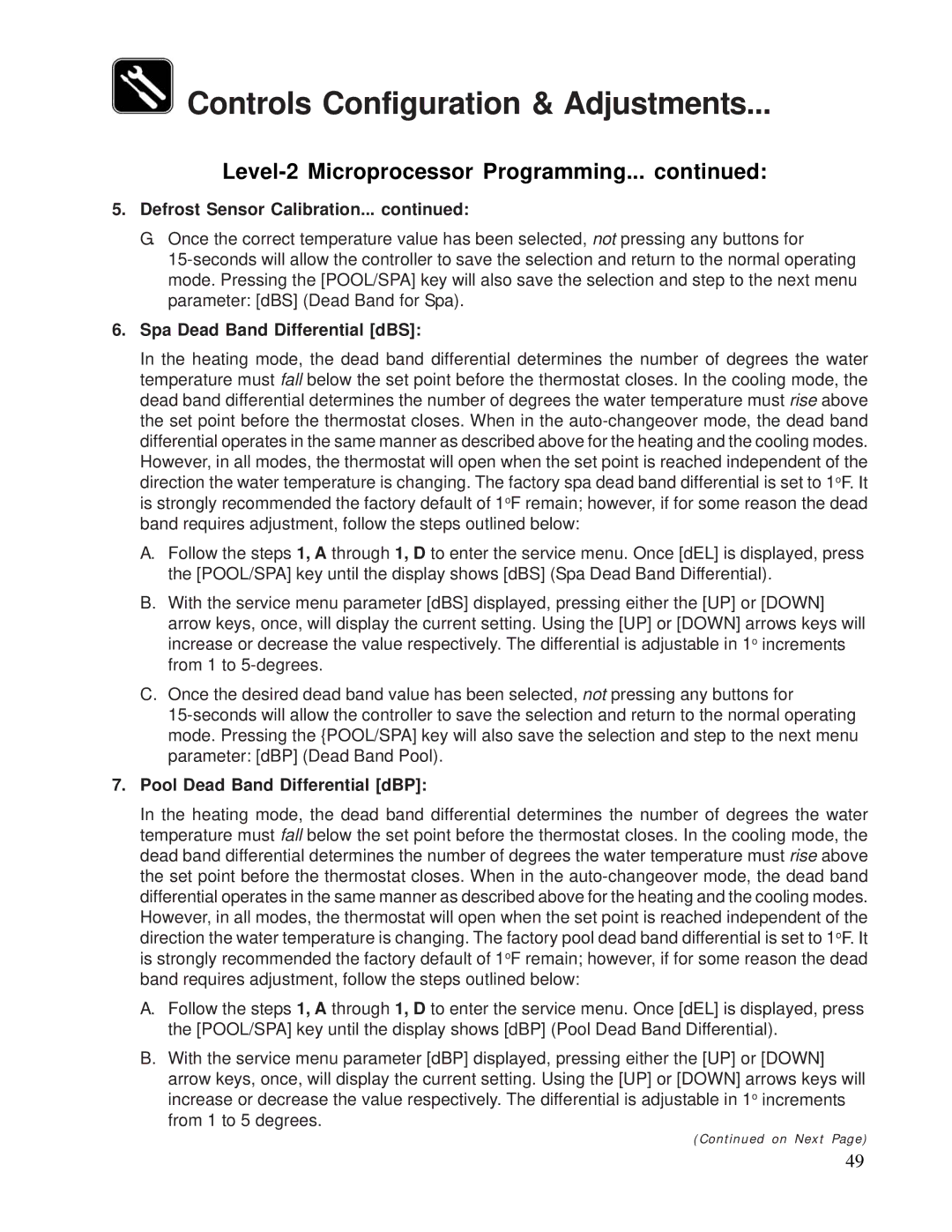 Aquacal 120, 155 owner manual Defrost Sensor Calibration, Spa Dead Band Differential dBS, Pool Dead Band Differential dBP 