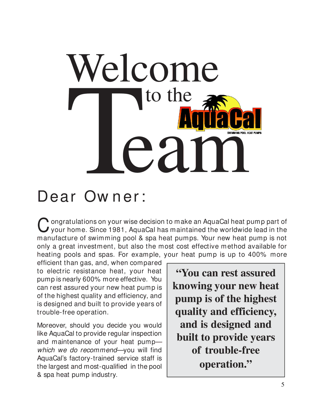 Aquacal 120, 155 owner manual Eam 