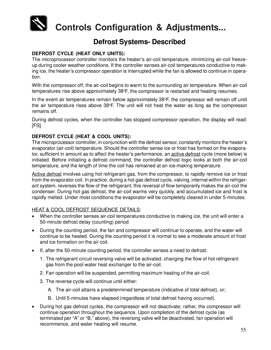 Aquacal 120, 155 owner manual Defrost Systems- Described 