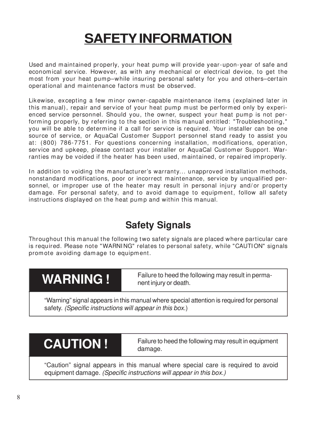 Aquacal 155, 120 owner manual Safety Information, Safety Signals 