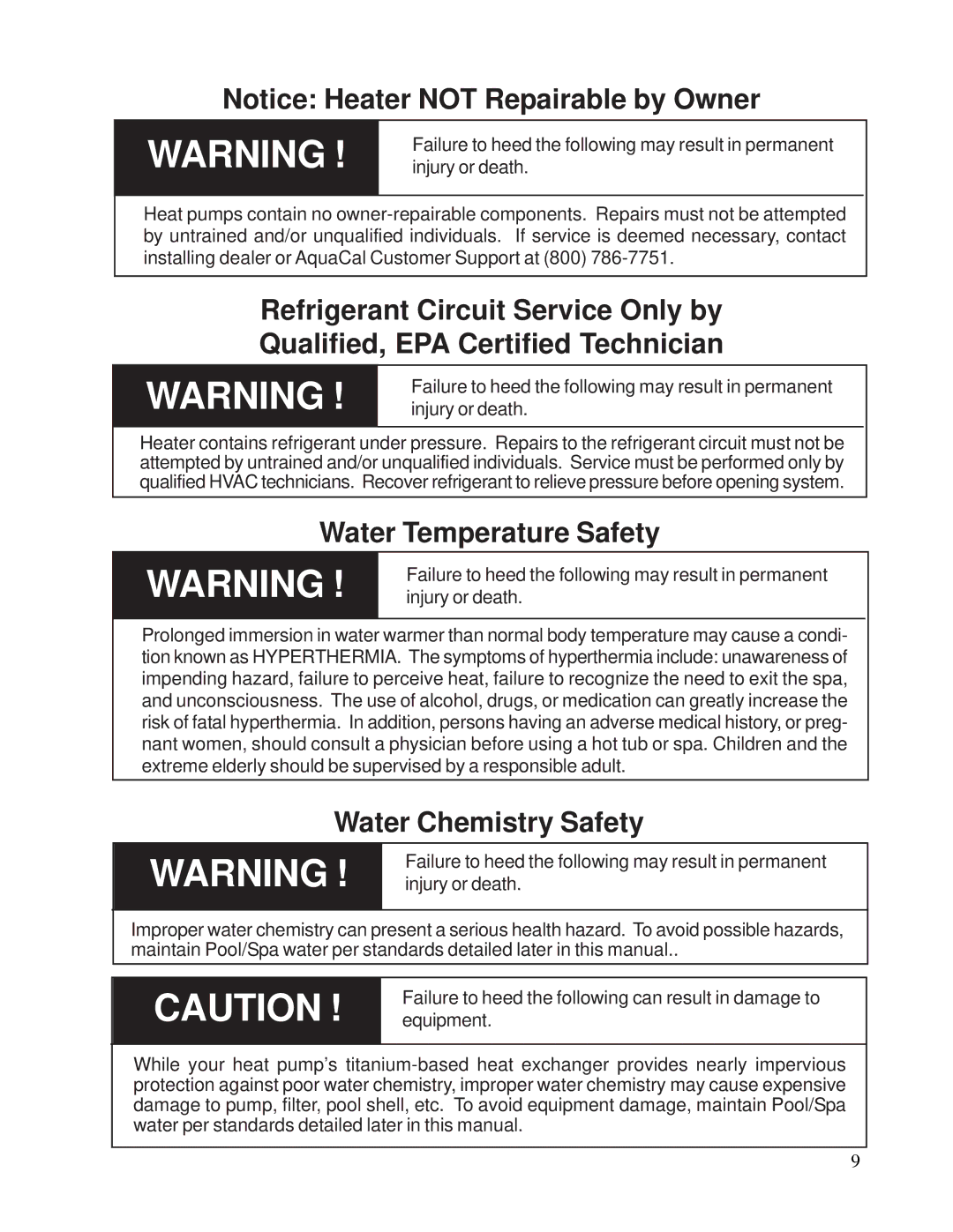 Aquacal 120, 155 owner manual Water Temperature Safety, Water Chemistry Safety 