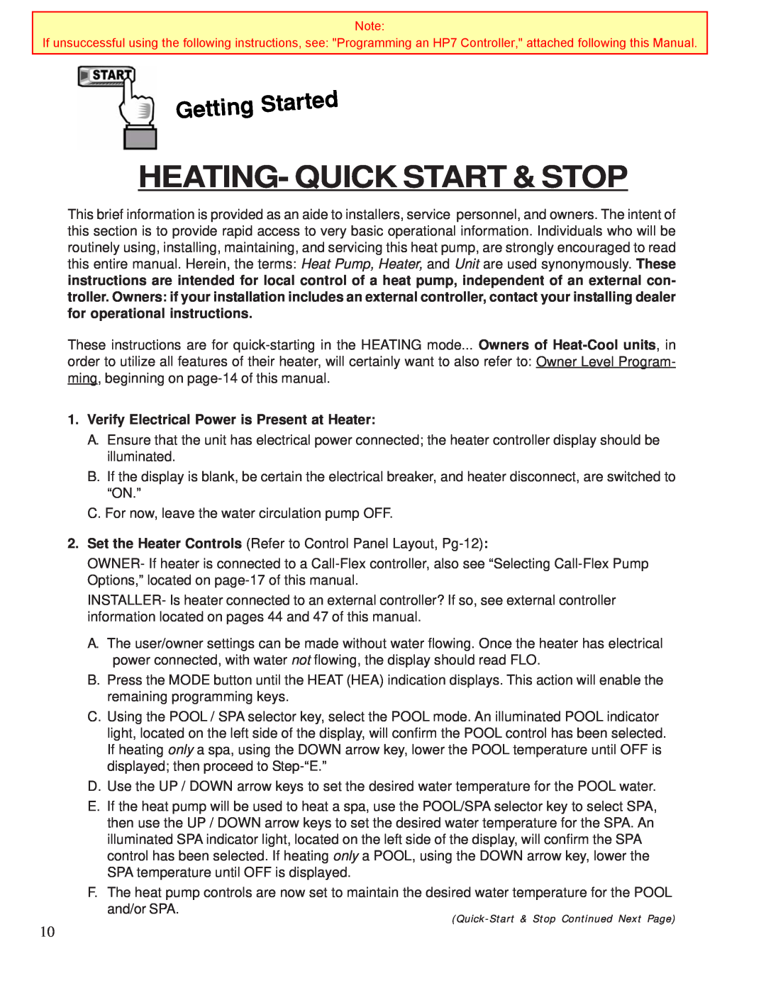Aquacal 155, 120 owner manual Heating- Quick Start & Stop, Verify Electrical Power is Present at Heater 