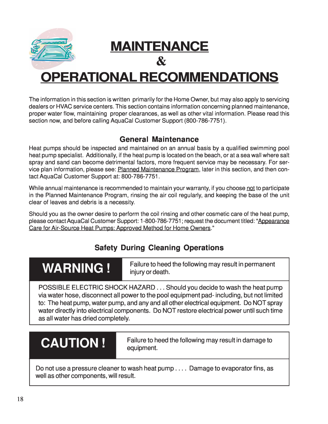 Aquacal 155, 120 owner manual Operational Recommendations, General Maintenance, Safety During Cleaning Operations 